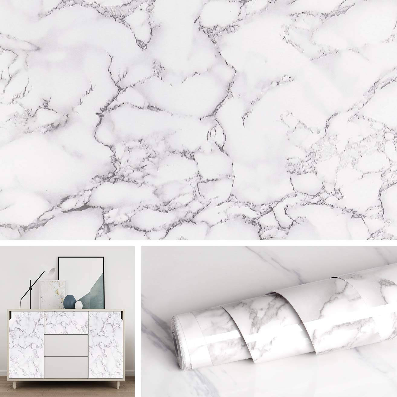 White Marble 桌布 壁紙 — 白色大理石紋壁紙帶有灰色紋理，展示捲起並貼在現代櫥櫃上。