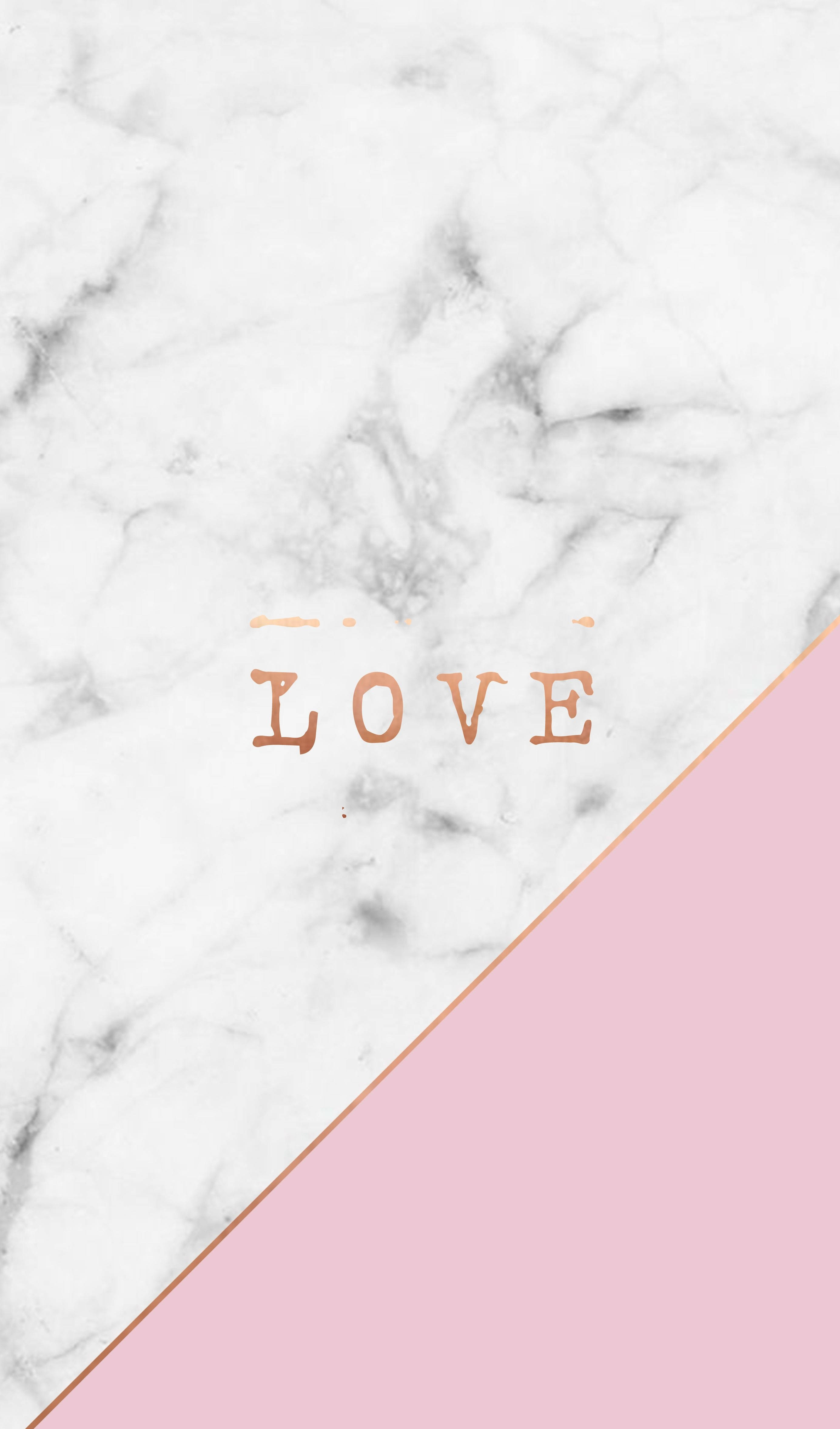 黑白 桌布 壁紙 — 白色大理石背景，玫瑰金色 'LOVE' 文字被柔和粉紅色幾何形狀對角線分割。