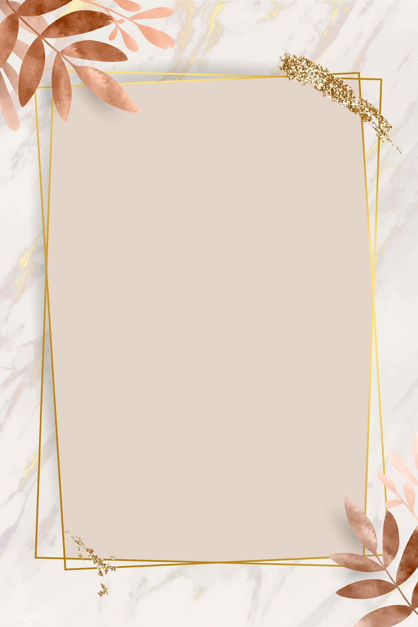 Frame 桌布 壁紙 — 白色大理石背景上，帶有玫瑰金葉子和閃粉裝飾的優雅金色畫框。