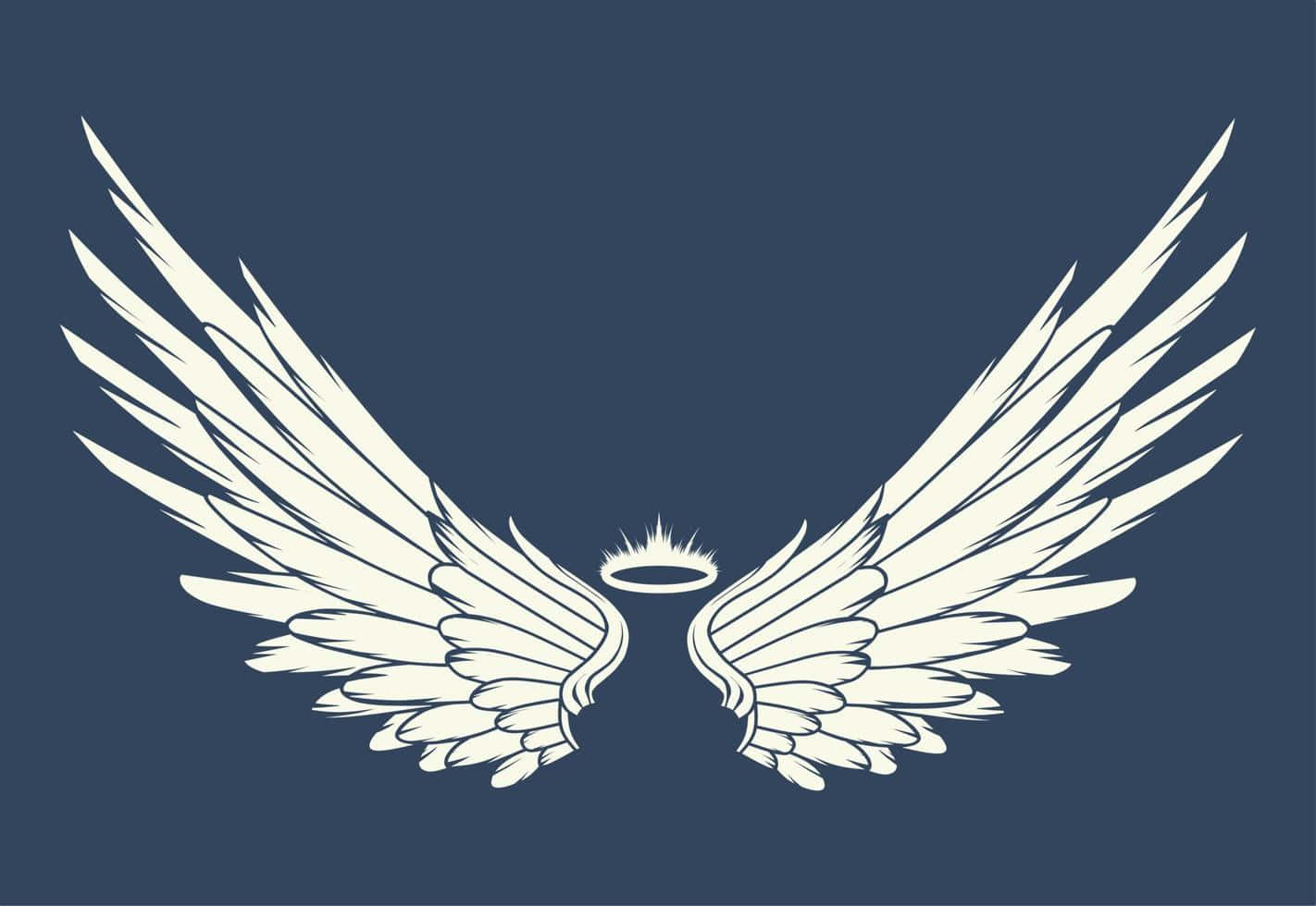 Angel Wings 桌布 壁紙 — 白色天使翅膀帶光環在深藍色背景上展開，採用乾淨的向量風格。