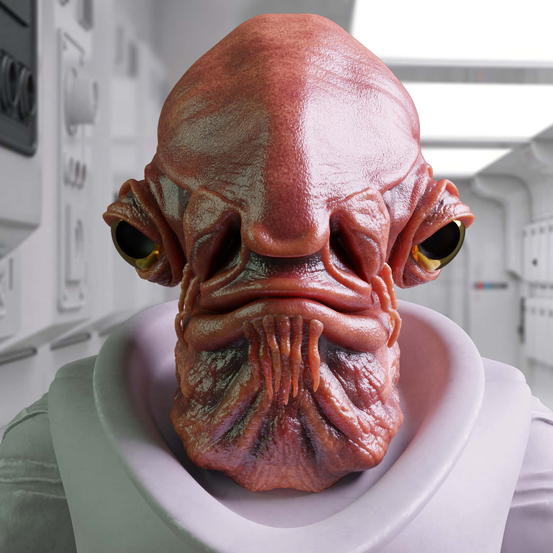 Admiral Ackbar 桌布 壁紙 — 白色太空船走廊中，一個紅皮膚外星人的特寫，有大金眼睛和皺紋臉。