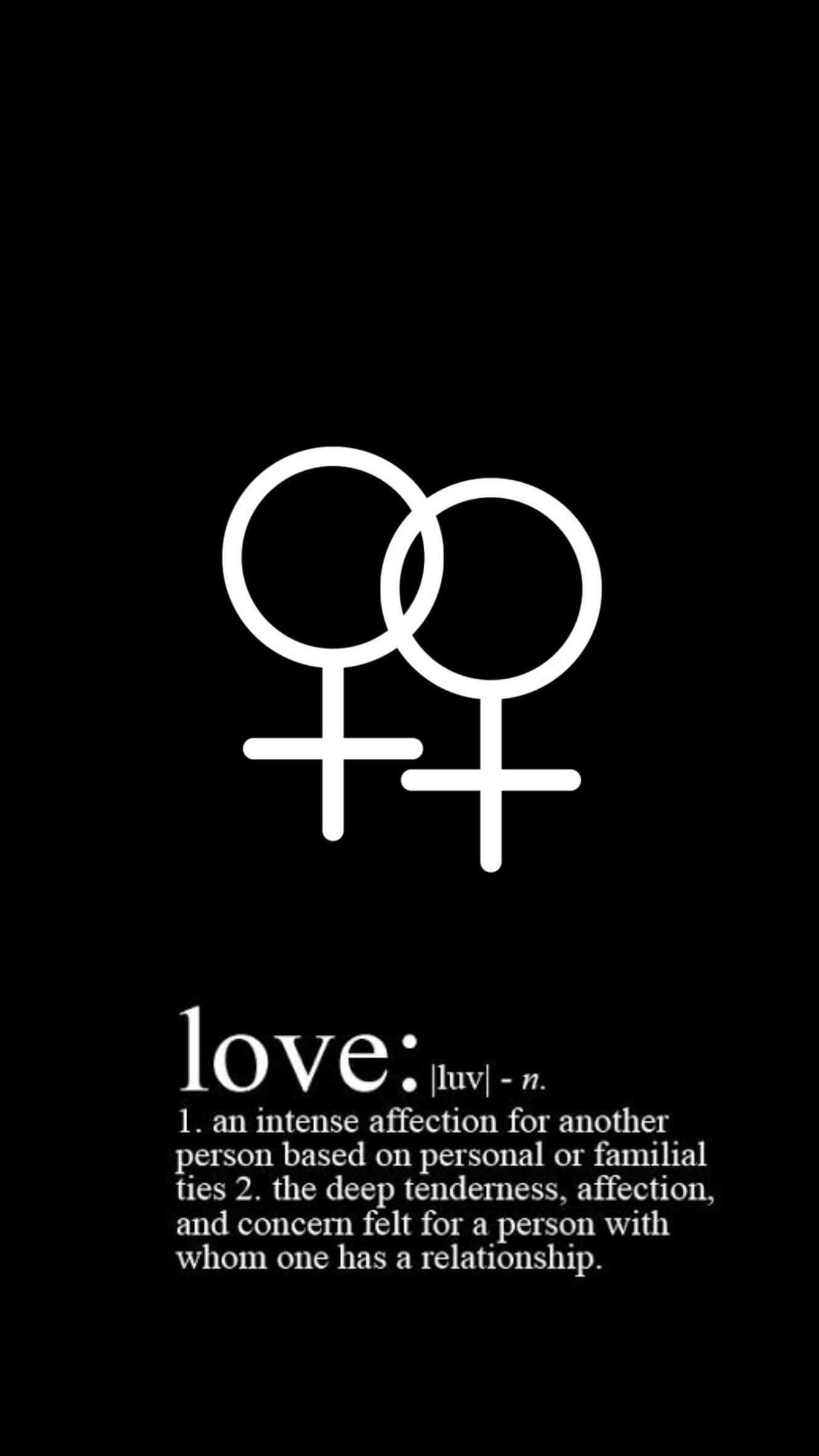LGBT 桌布 壁紙 — 白色女性性別符號在黑色背景上交織，下方有字典對愛的定義。
