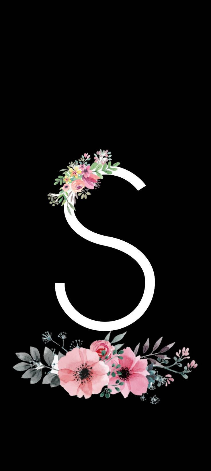 S Alphabet 桌布 壁紙 — 白色字母S，飾以精緻的粉紅花朵和綠葉，襯托在純黑背景上。