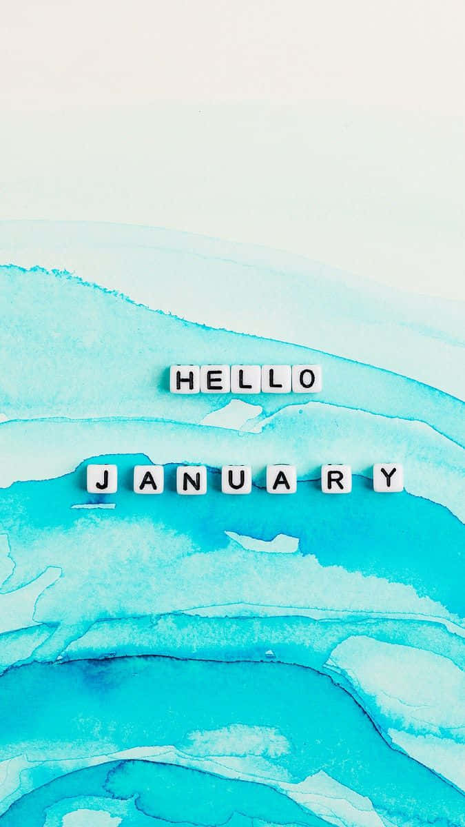 一月 桌布 壁紙 — 白色字母瓷磚在淡色背景上拼出hello january，襯托流動的藍綠色水彩波浪。