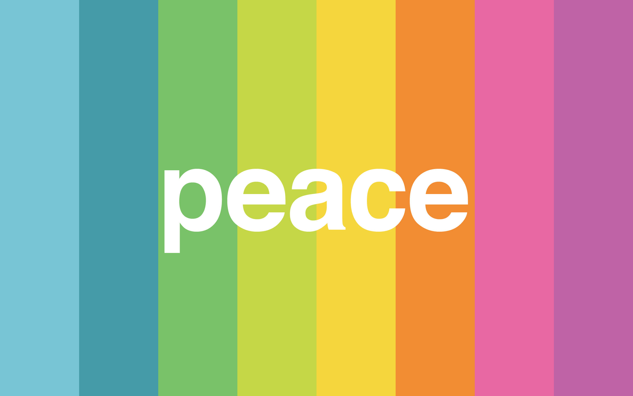 和平 桌布 壁紙 — 白色小寫字母「peace」一詞居中於充滿活力的彩虹條紋背景上。