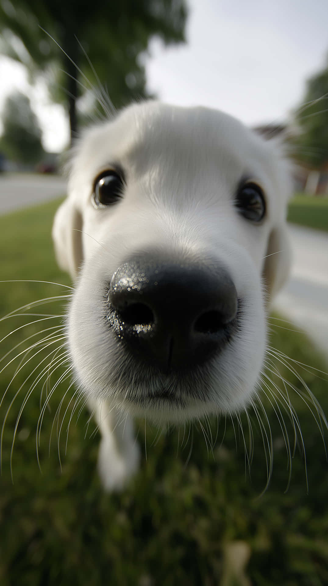 Curious Puppy Portrait 壁紙 — 白色小狗臉部的特寫，有大大的黑眼睛和濕鼻子，在戶外直視鏡頭。
