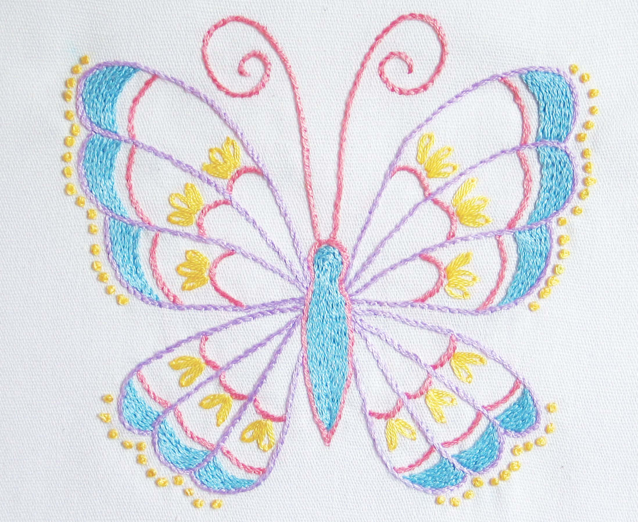 Butterfly Stitch 桌布 壁紙 — 白色布料上以藍色、粉紅色和黃色線刺繡的色彩繽紛蝴蝶。