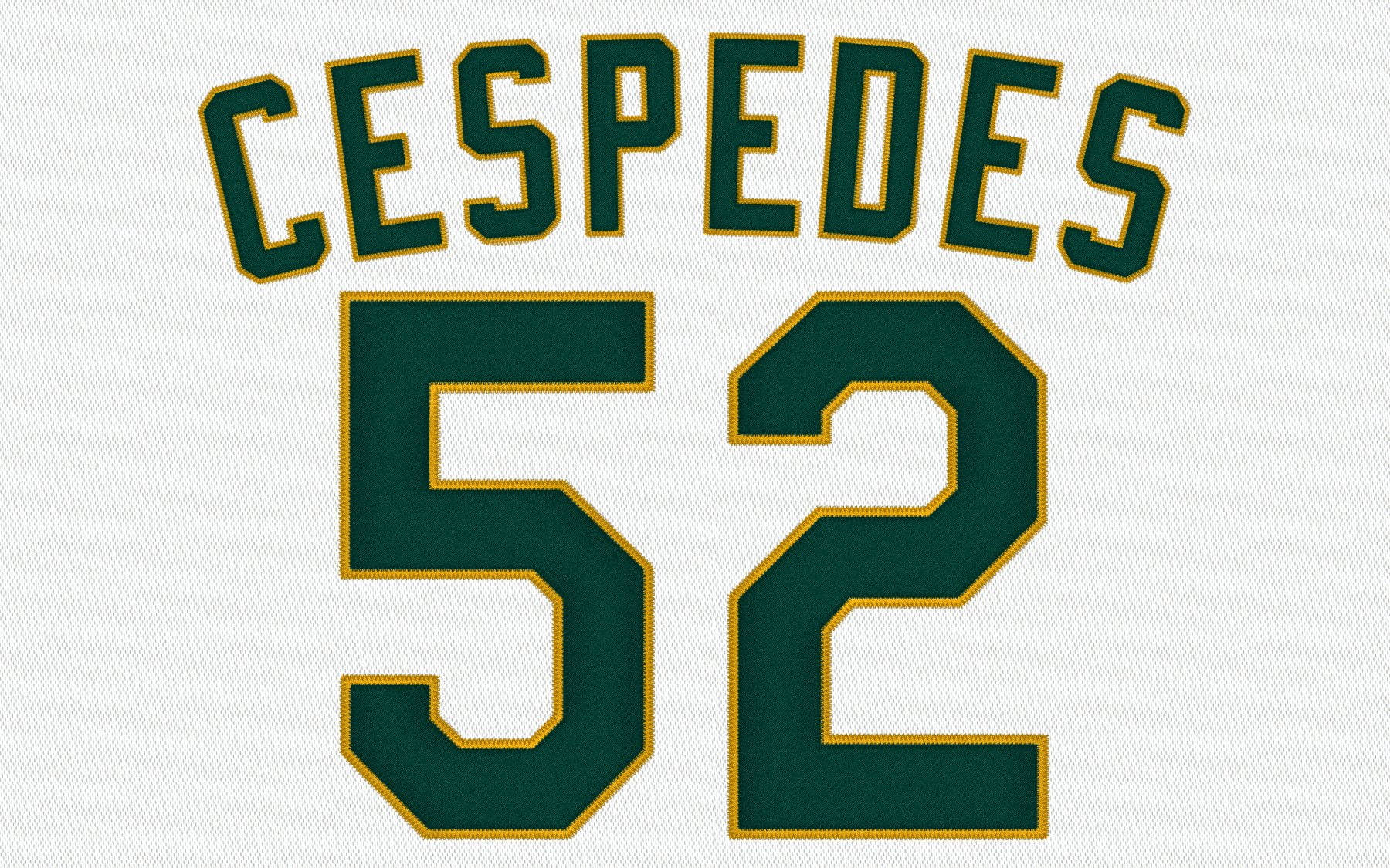 Athletics 桌布 壁紙 — 白色布料上印有綠色金邊的「CESPEDES」和號碼「52」的棒球衫特寫。
