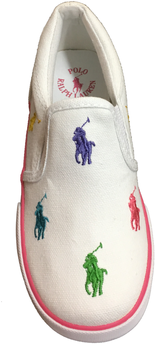 ralph lauren 桌布 壁紙 — 白色帆布懶人鞋，帶有彩色刺繡馬球運動員標誌和粉紅色飾邊，背景為黑色。