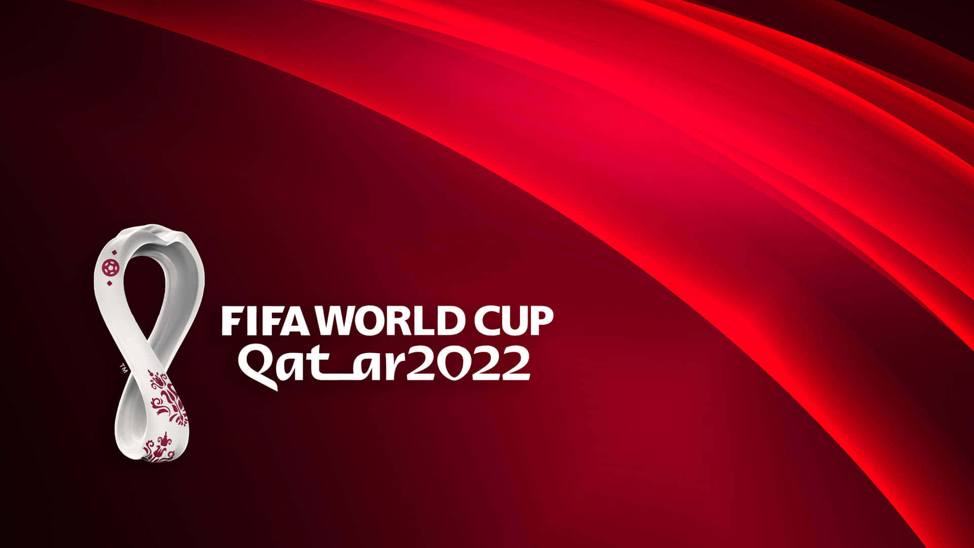 2022 桌布 壁紙 — 白色帶花卉圖案的FIFA世界盃卡達2022標誌，置於動態紅色漸變背景上。
