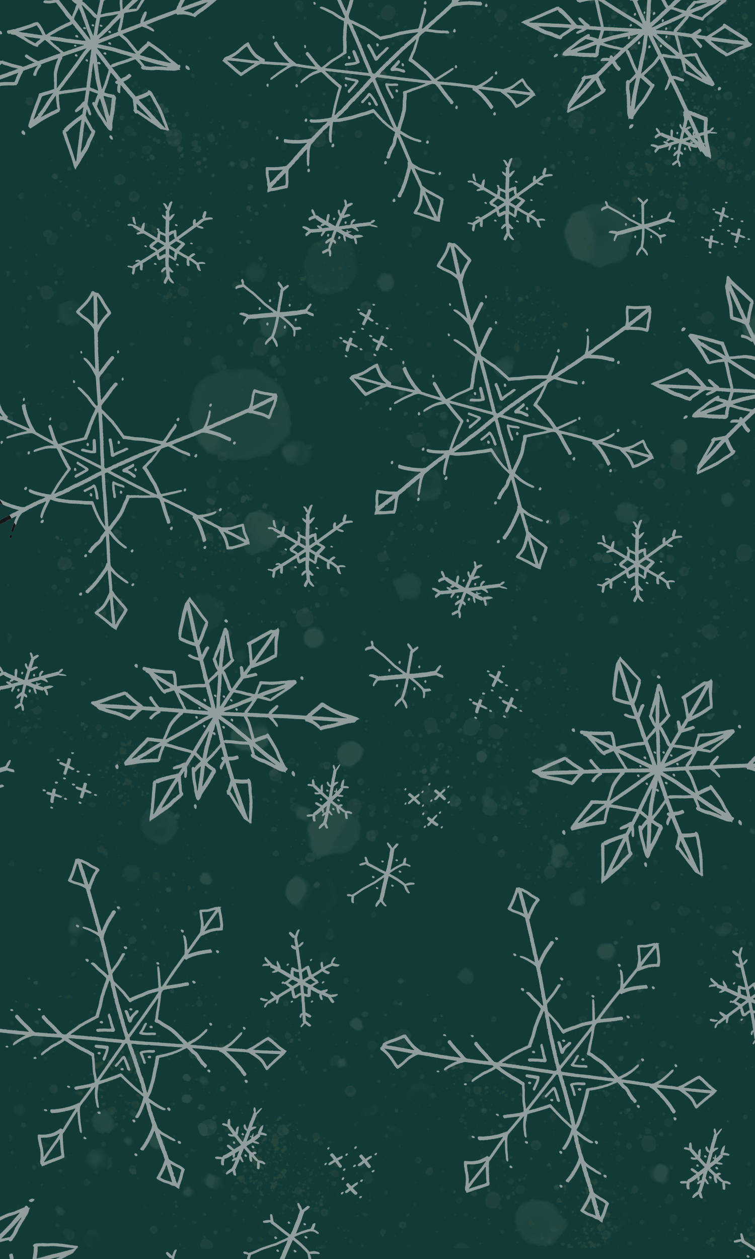 Snowflake iPhone 桌布 壁紙 — 白色幾何形狀的雪花，大小不一，漂浮在深藍綠色背景上，帶有微妙的散景效果。