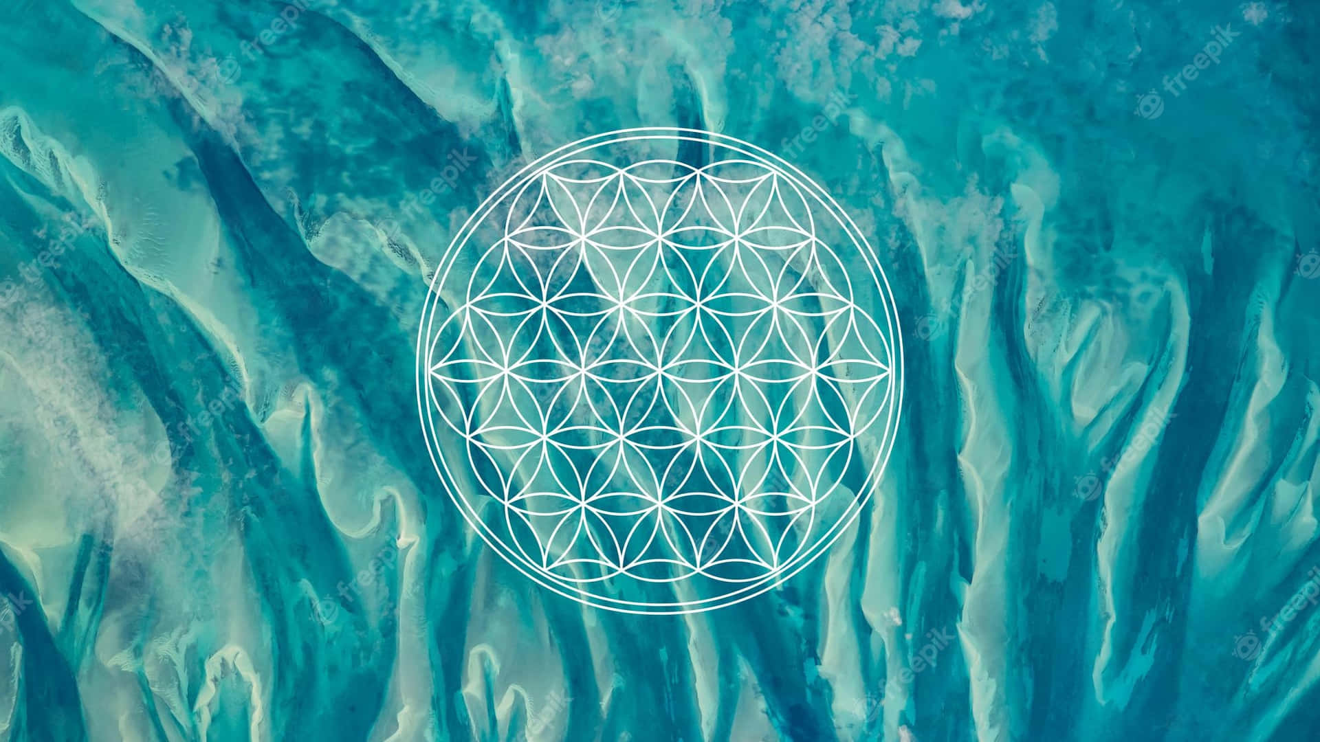 Geometric 桌布 壁紙 — 白色幾何生命之花圖案漂浮在旋轉的綠松石和藍綠色抽象水紋上。
