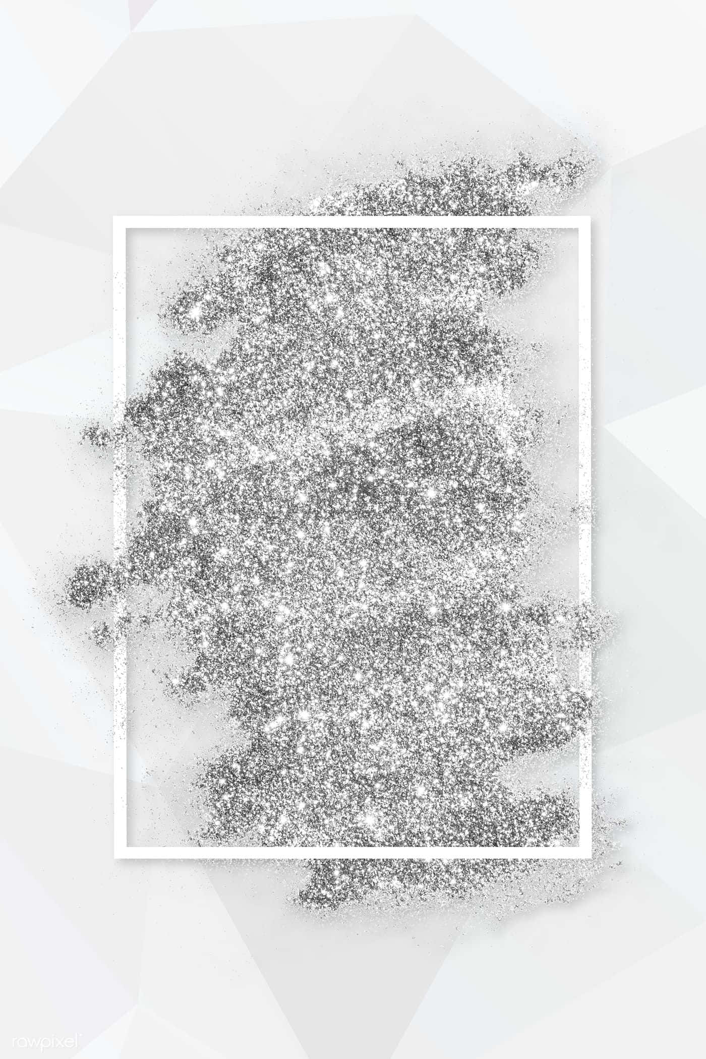 White Glitter 桌布 壁紙 — 白色幾何背景上，一個白色矩形框內散落著一堆銀色亮粉。