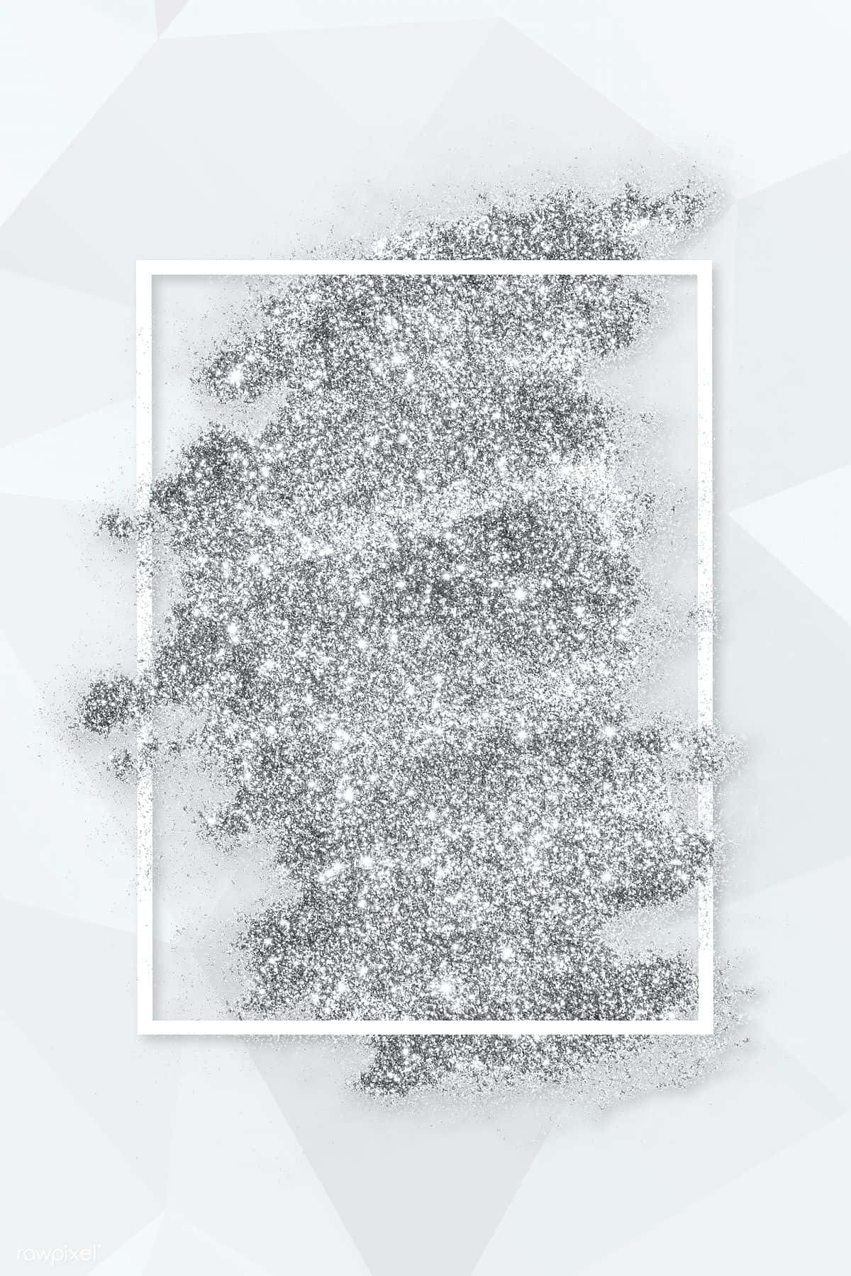 Sparkle Silver Glitter 桌布 壁紙 — 白色幾何背景上有一個白色框架，溢出閃閃發光的銀色亮粉顆粒。