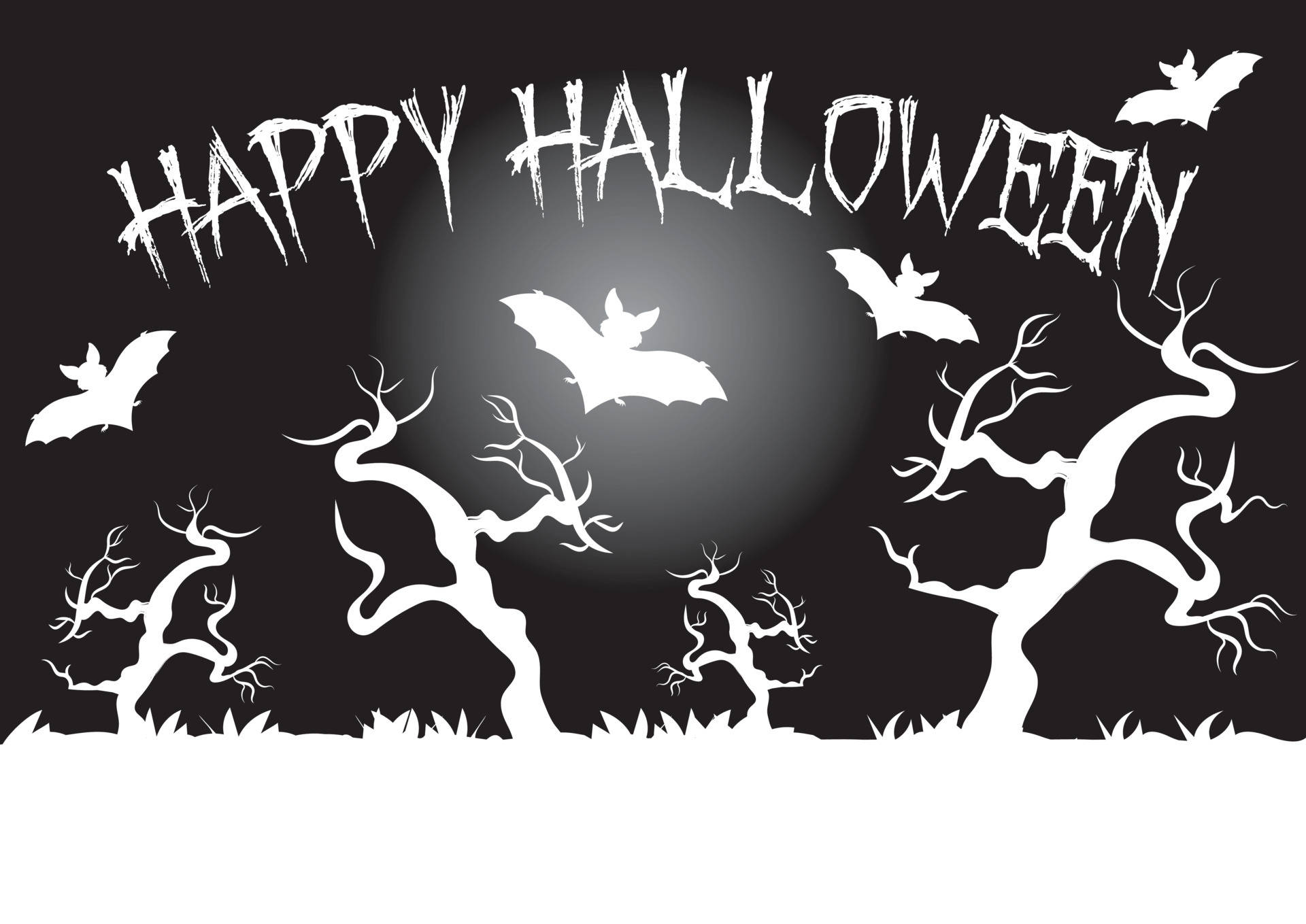 Happy Halloween 桌布 壁紙 — 白色恐怖蝙蝠和扭曲樹木剪影，在發光的月亮下襯托著「HAPPY HALLOWEEN」文字。