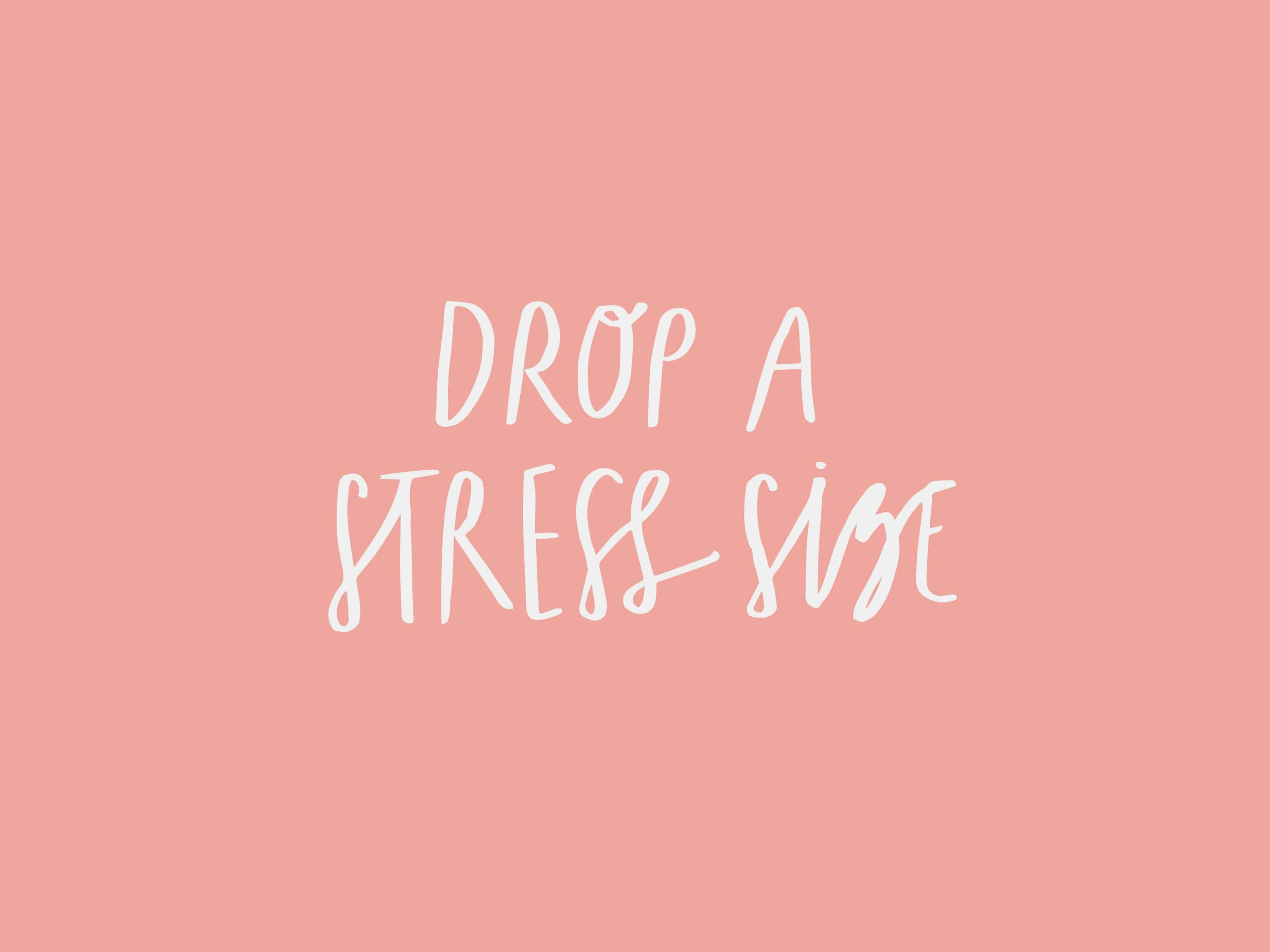 Rose Gold Desktop 桌布 壁紙 — 白色手寫文字「drop a stress size」居中顯示在純色柔和粉紅色背景上。