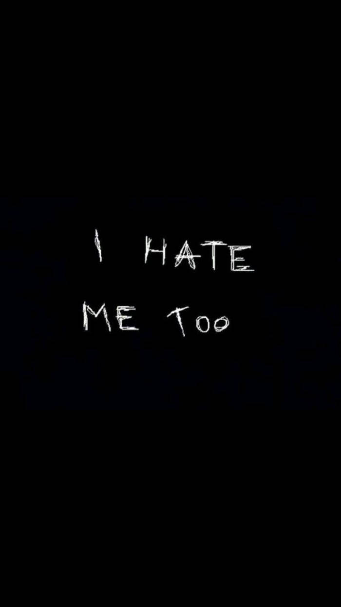 iPhone 桌布 壁紙 — 白色手寫文字「I HATE ME TOO」在純黑色背景上形成強烈對比。