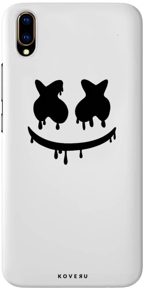Marshmello 動態圖 桌布 壁紙 — 白色手機殼上有一個黑色滴落笑臉，帶有貓咪眼睛和融化滴落的效果。