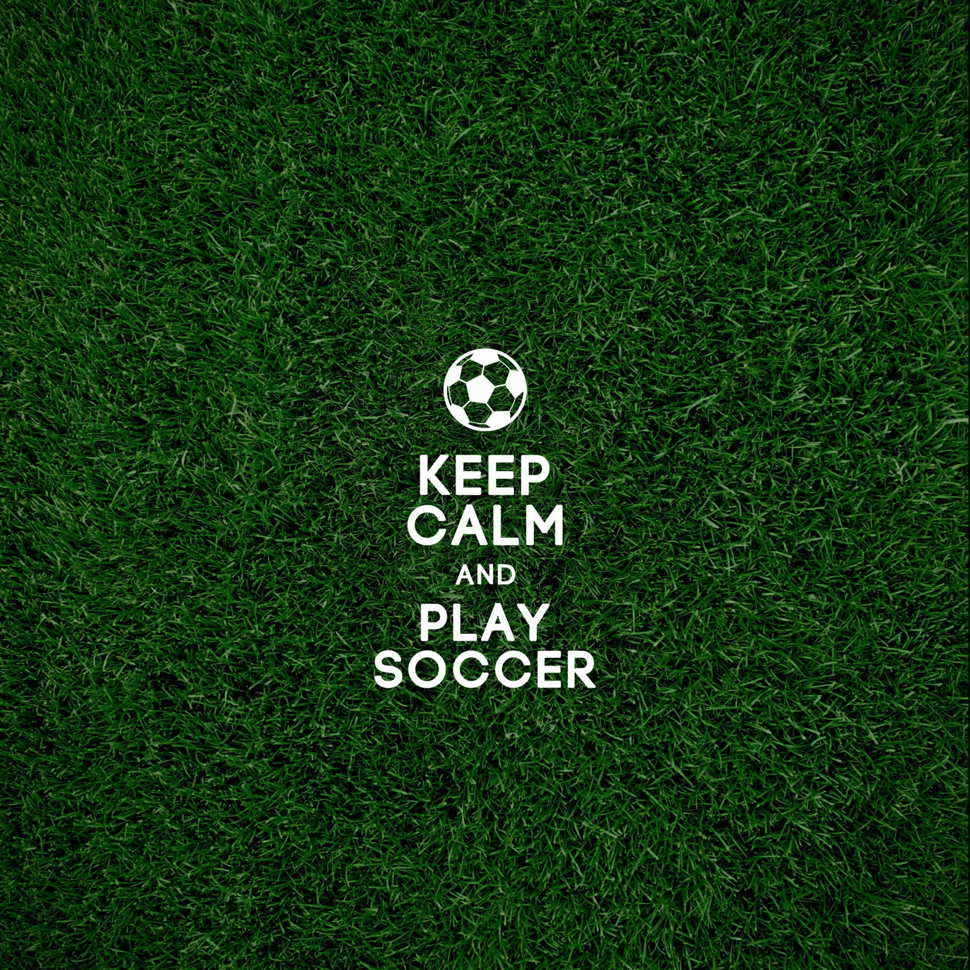 Keep calm and play soccer 文字與足球圖示在綠色草地上。