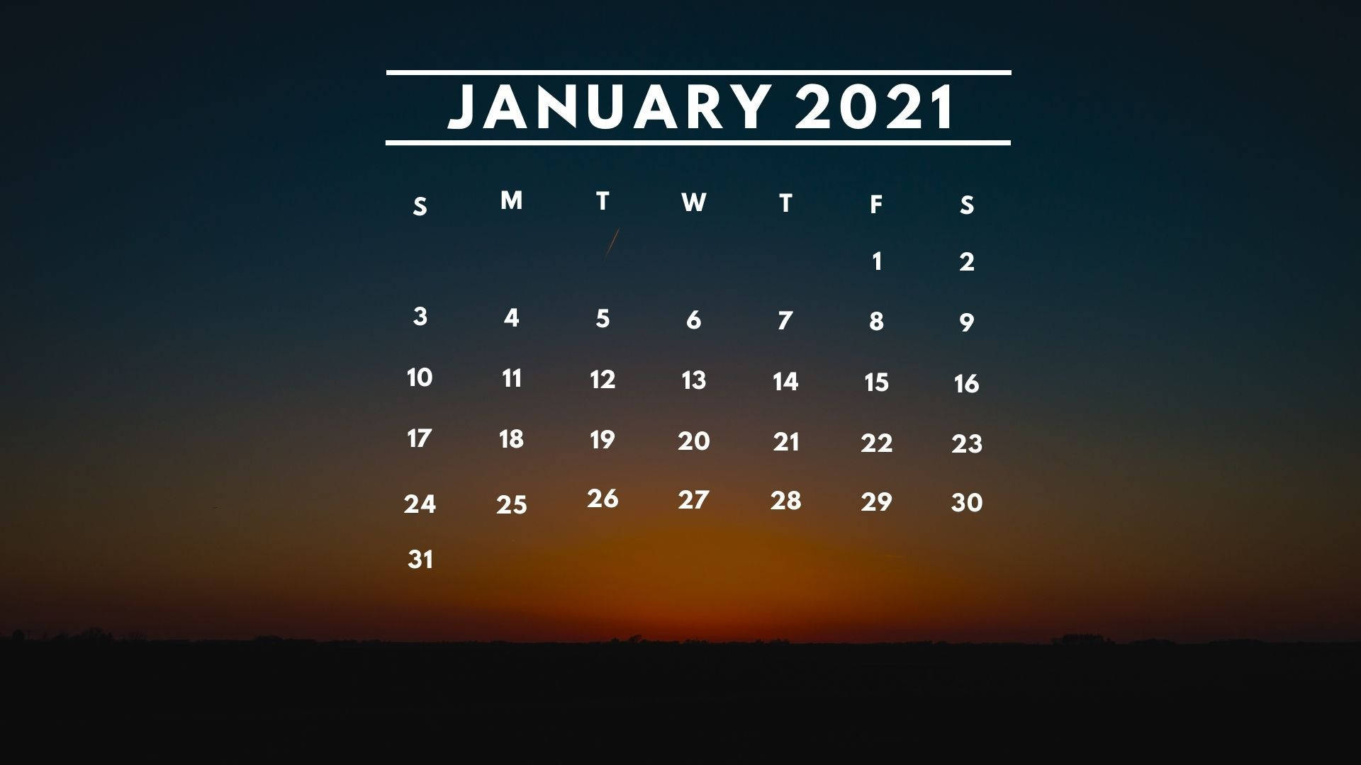 2021 桌面 桌布 壁紙 — 白色文字的2021年1月日曆疊加在從橙色漸變到深藍色的日落天空上。