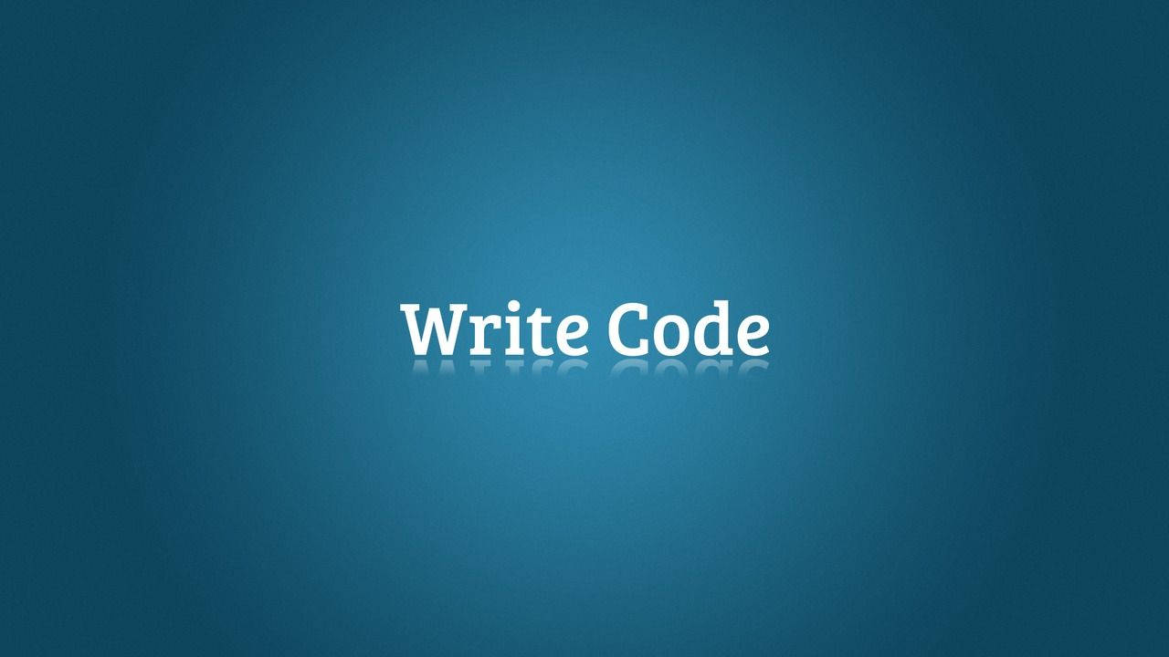 4K程式壁紙 桌布 壁紙 — 白色文字顯示「Write Code」，居中於漸變藍色背景上，帶有微妙的反射效果。