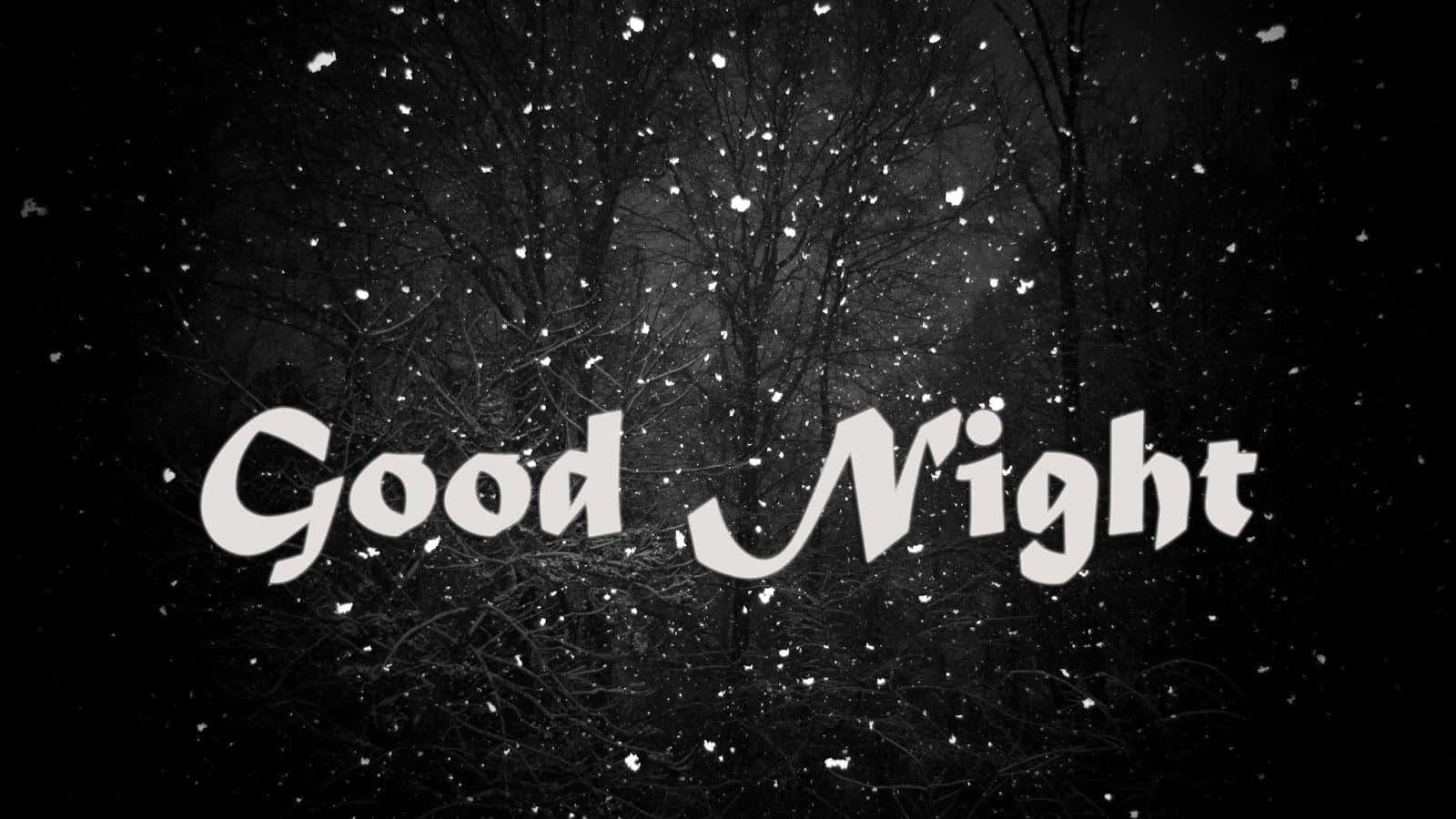 good night animated 桌布 壁紙 — 白色斜體「晚安」文字漂浮在深色剪影樹木上方，雪花在單色冬夜場景中飄落。