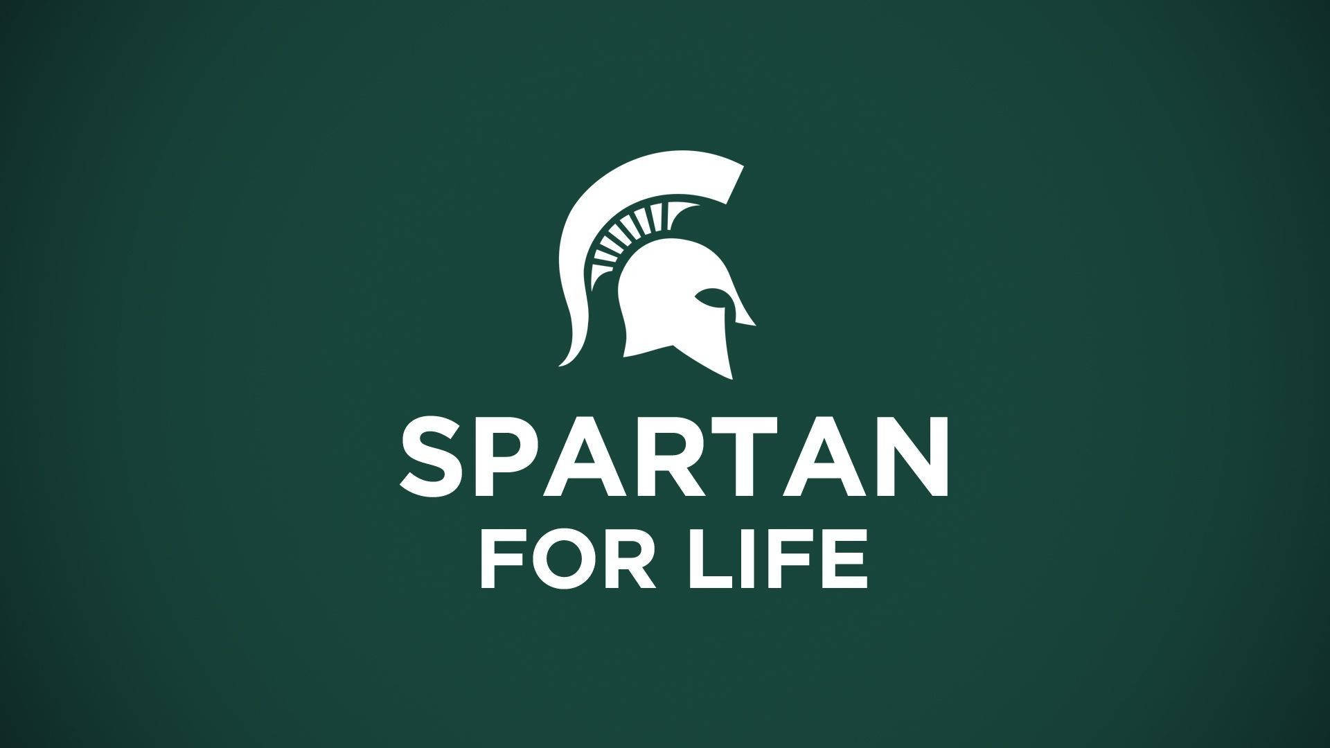 Michigan State Spartans 桌布 壁紙 — 白色斯巴達頭盔標誌及文字，置於純深綠色背景上。