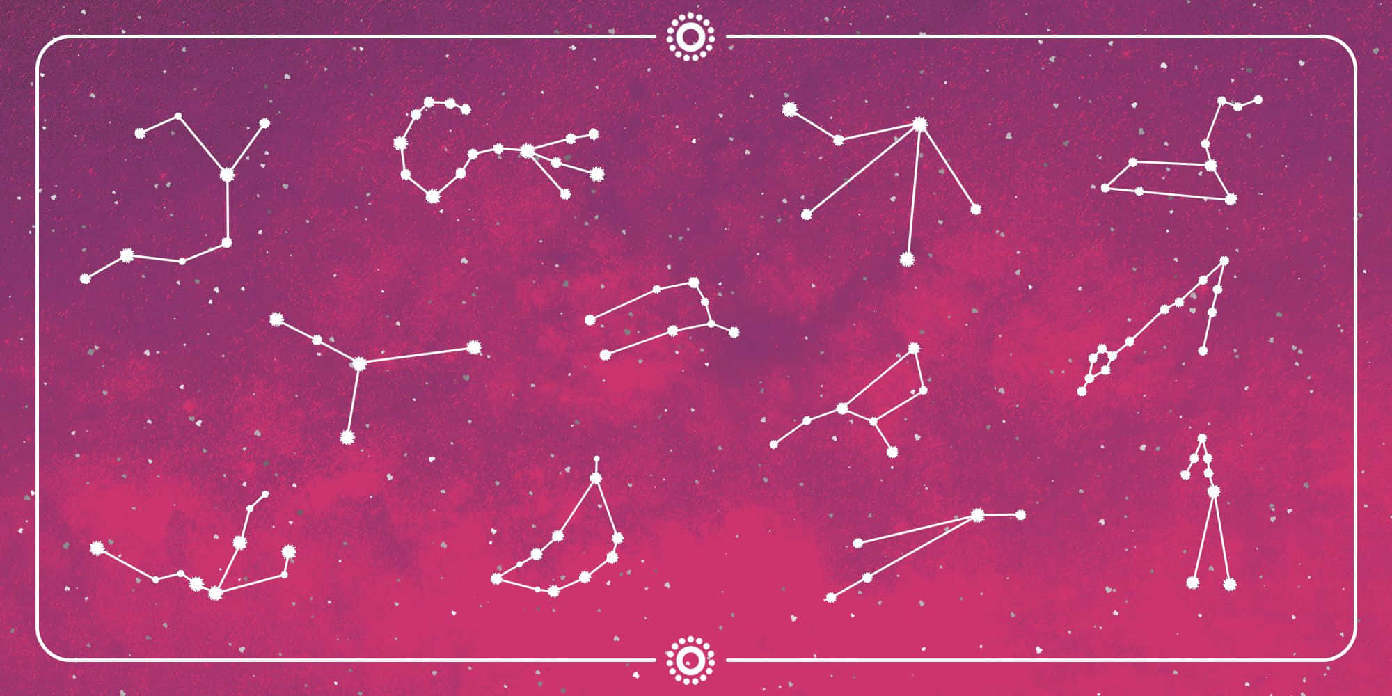 Zodiac Sign 桌布 壁紙 — 白色星座輪廓漂浮在充滿活力的洋紅色星空上，並以細白邊框框起。