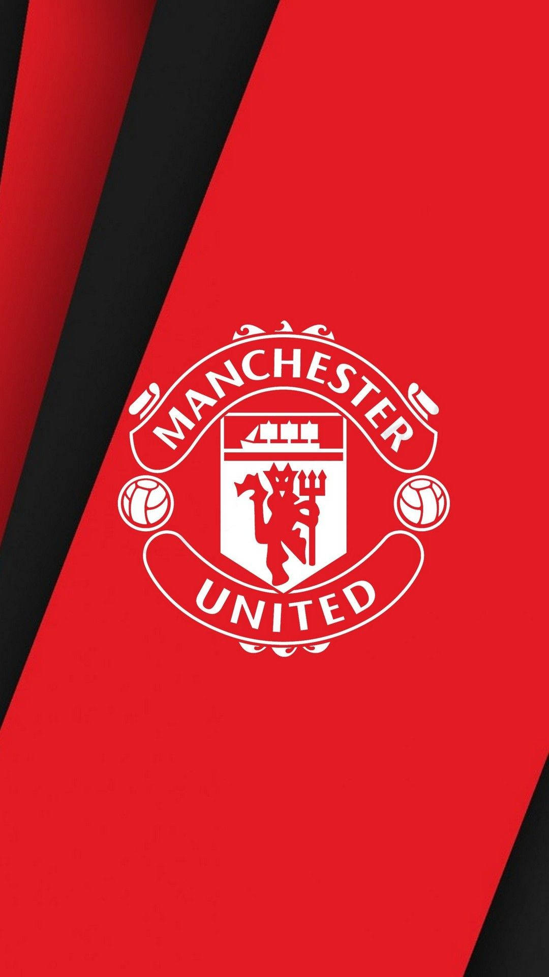 Manchester United Logo 桌布 壁紙 — 白色曼聯會徽居中於大膽的紅黑斜線背景上。