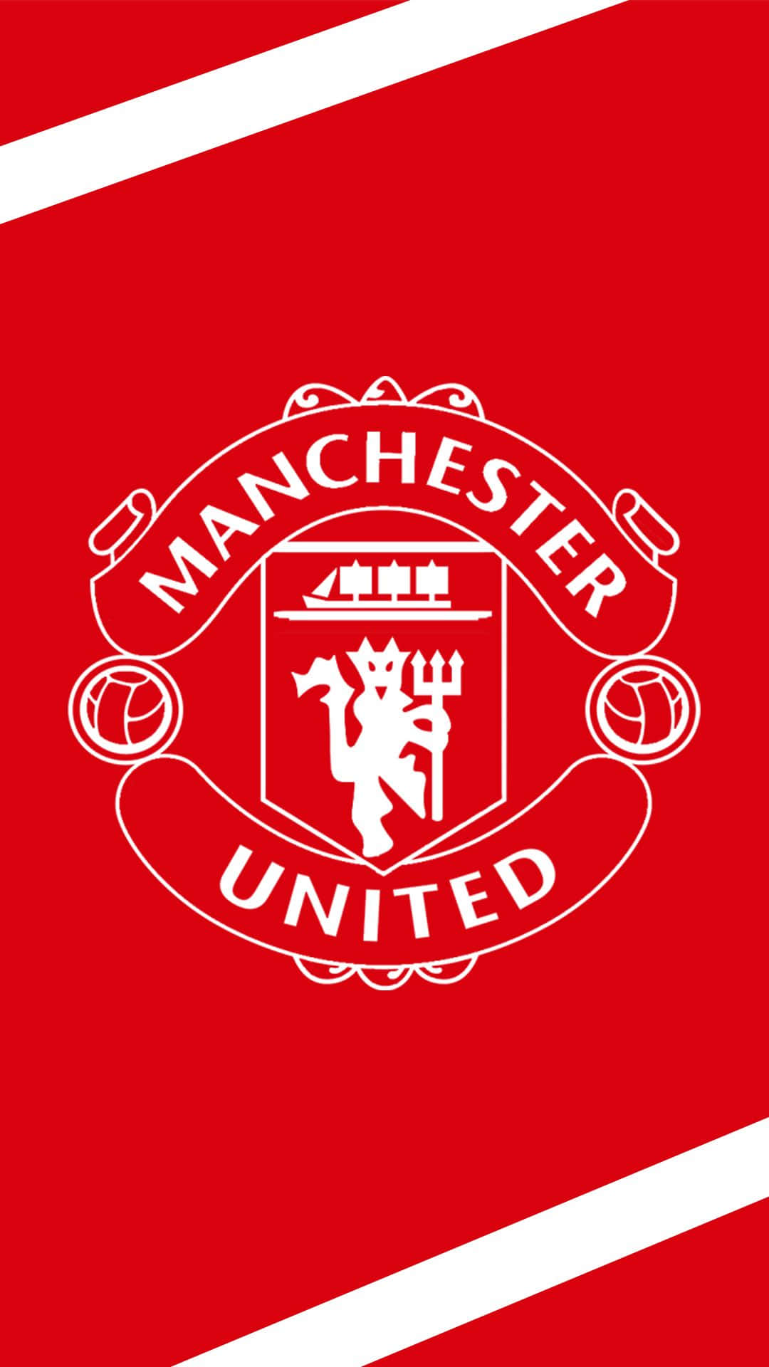Manchester United iPhone 桌布 壁紙 — 白色曼聯會徽置於帶有對角白色條紋的鮮紅色背景中央。