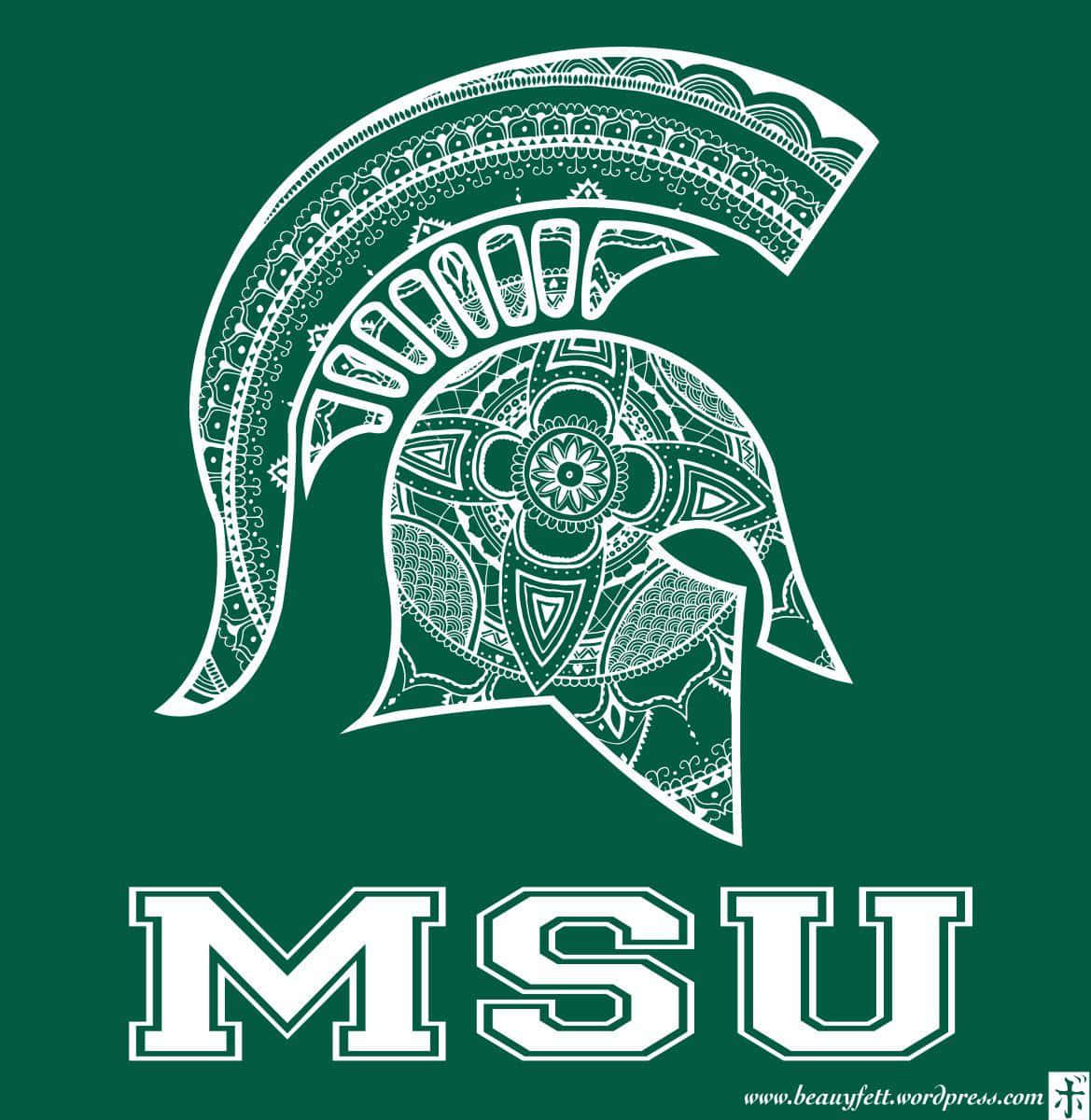 Michigan State Spartans 桌布 壁紙 — 白色曼陀羅風格斯巴達頭盔標誌，帶有複雜圖案，置於純綠色背景上，下方有粗體MSU字母。