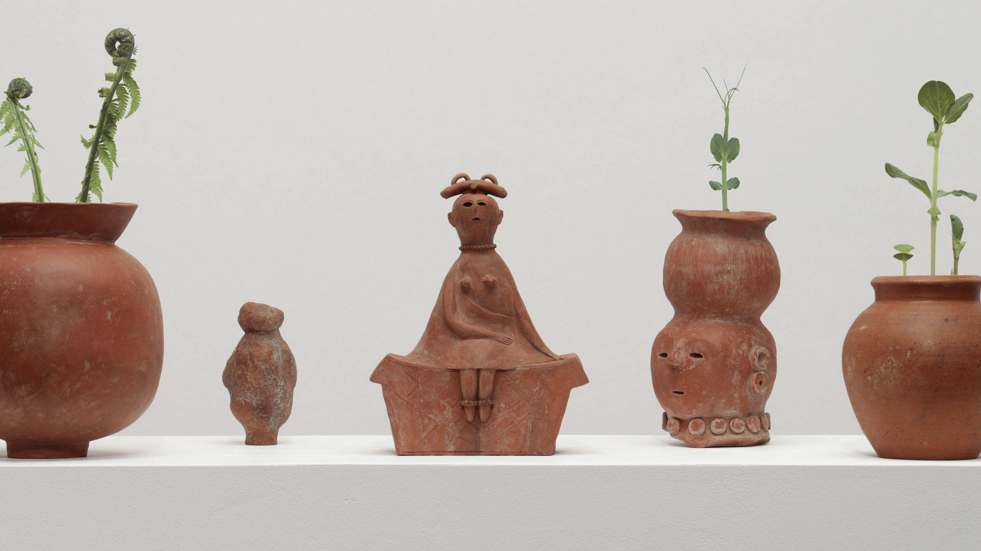 Folk Art 桌布 壁紙 — 白色架子上，以素色牆壁為背景，擺放著帶有發芽植物的赤陶雕塑和花盆。