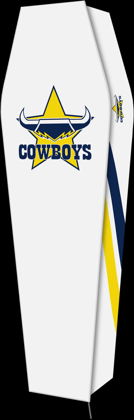 Cowboys Logo 桌布 壁紙 — 白色棺材上飾有醒目的黃藍星形標誌，帶有公牛頭和COWBOYS字樣。