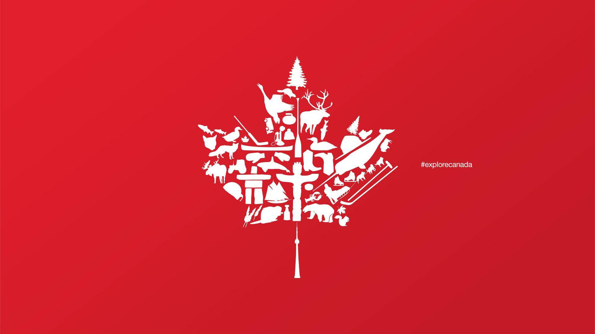 Canada Day 桌布 壁紙 — 白色楓葉剪影，內含加拿大圖標如駝鹿、樹木和CN塔，背景為純紅色。
