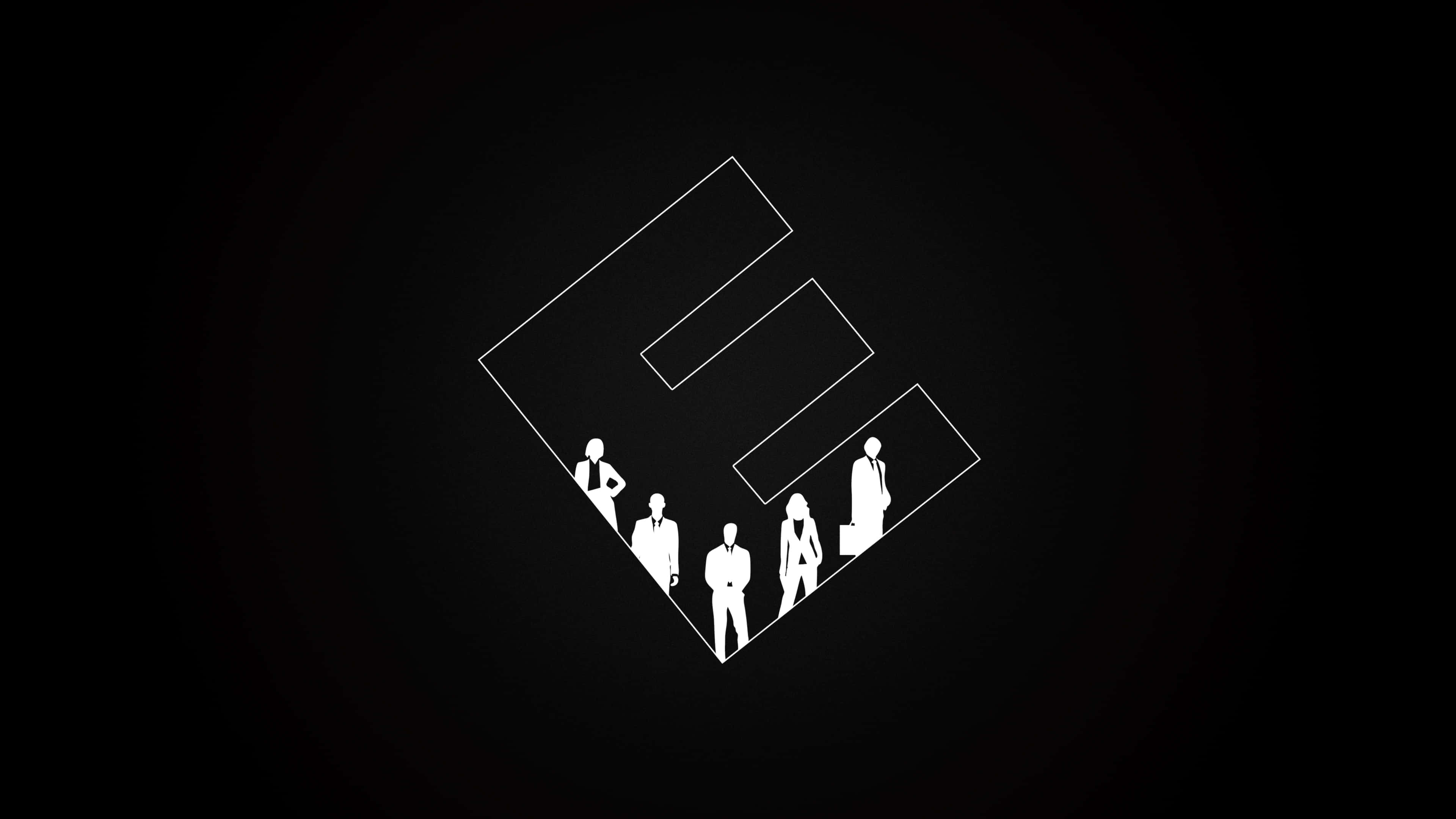 E 桌布 壁紙 — 白色極簡風格的商業人士剪影，站在發光的幾何框架內，背景為深色漸變。