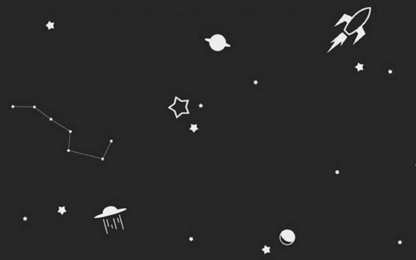 Aesthetic Grunge Laptop 桌布 壁紙 — 白色極簡風格的星星、火箭、行星和UFO圖標漂浮在深色背景上。