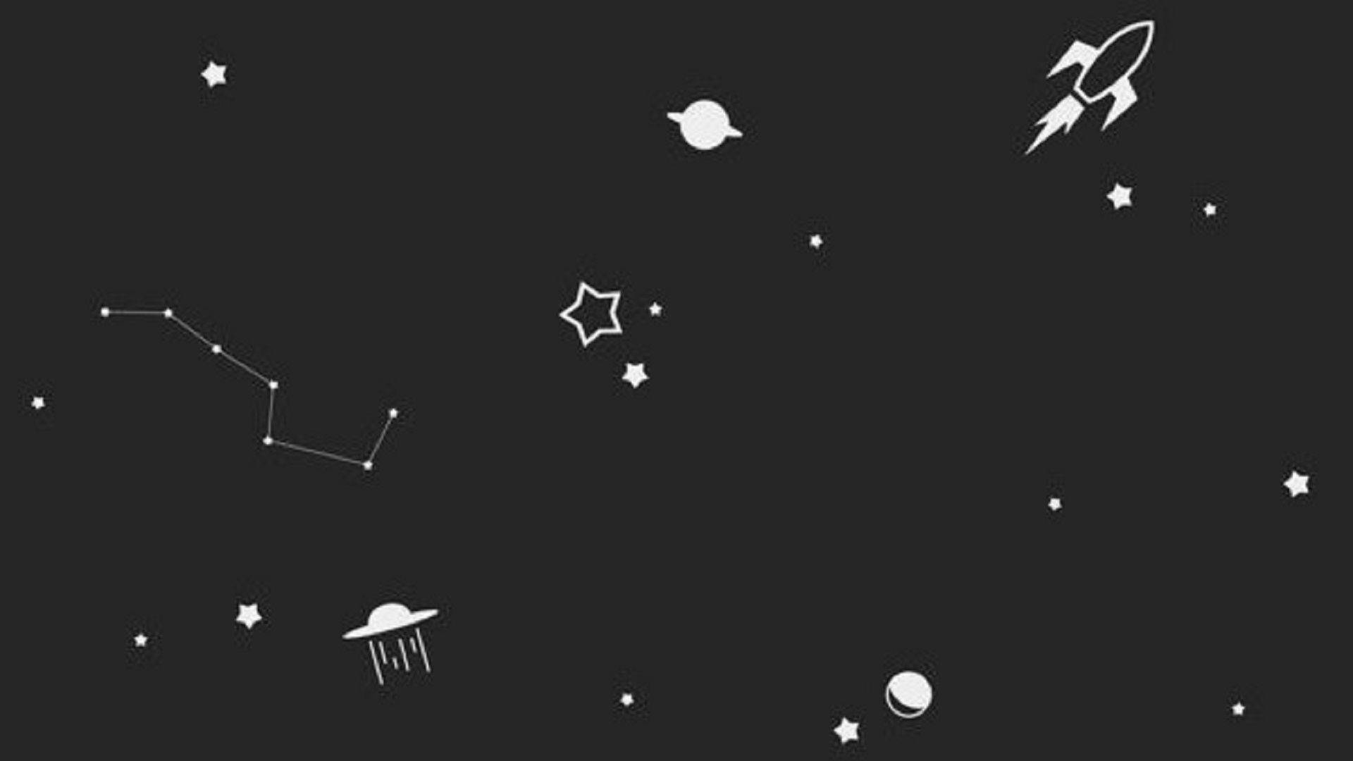 暗色 桌布 壁紙 — 白色極簡風格的星星、火箭、行星和UFO圖標漂浮在深色太空背景上。