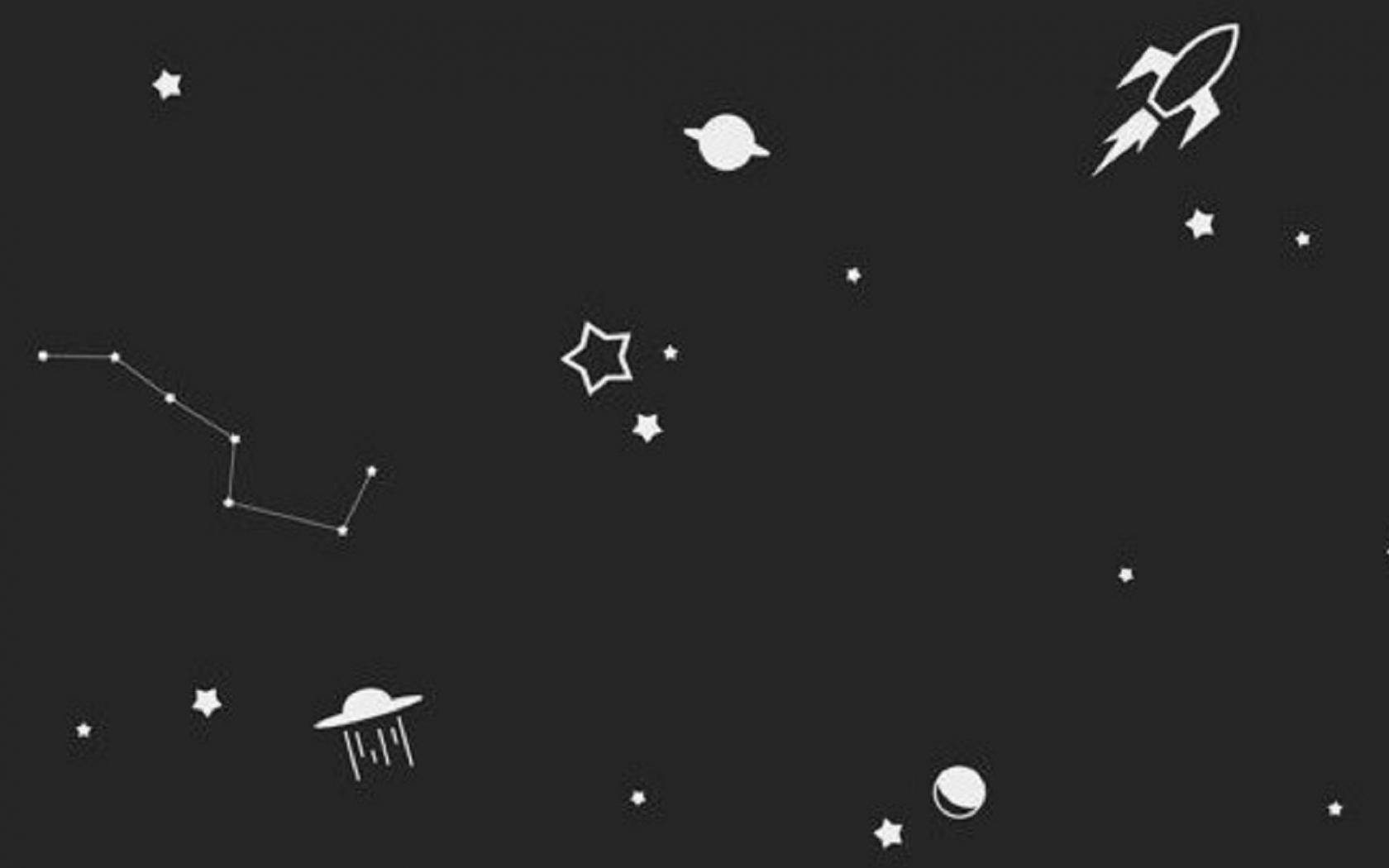 黑色 桌布 壁紙 — 白色極簡風格的星星、行星、火箭和UFO圖標漂浮在深色太空背景上。