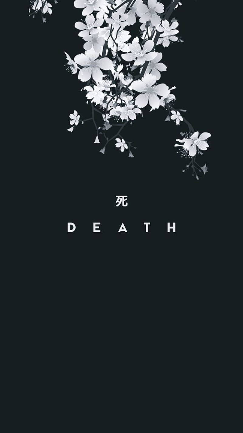 text 桌布 壁紙 — 白色櫻花在黑色背景上層疊，並以粗體白色字母寫著「死亡」一詞。