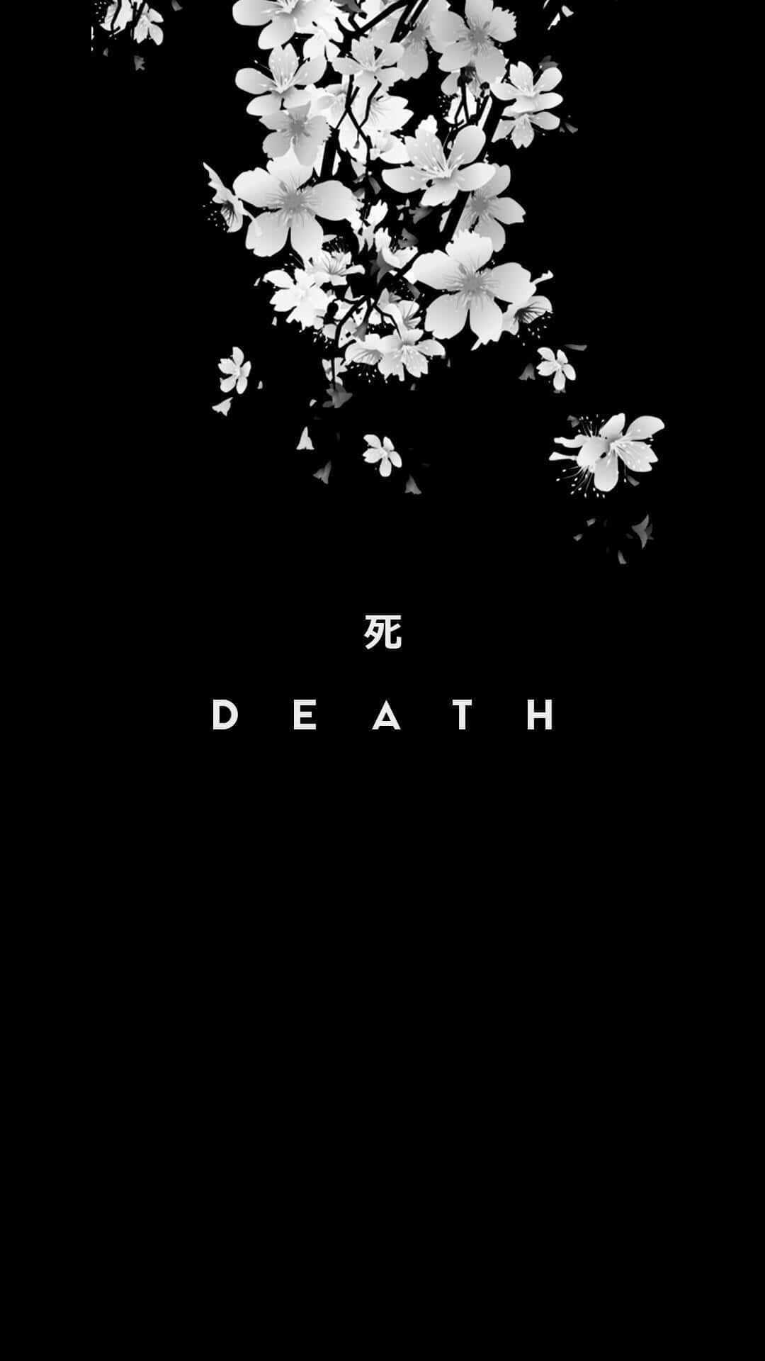 Dark Phone 桌布 壁紙 — 白色櫻花在黑色背景上飄動，並以粗體白色字體寫著「死亡」一詞。