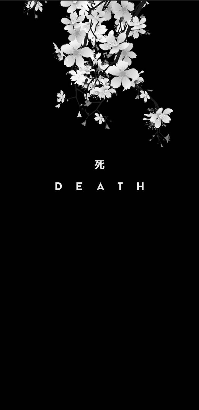 iPhone 桌布 壁紙 — 白色櫻花在黑色背景上飄落，並以粗體白色字體寫著「死亡」一詞。