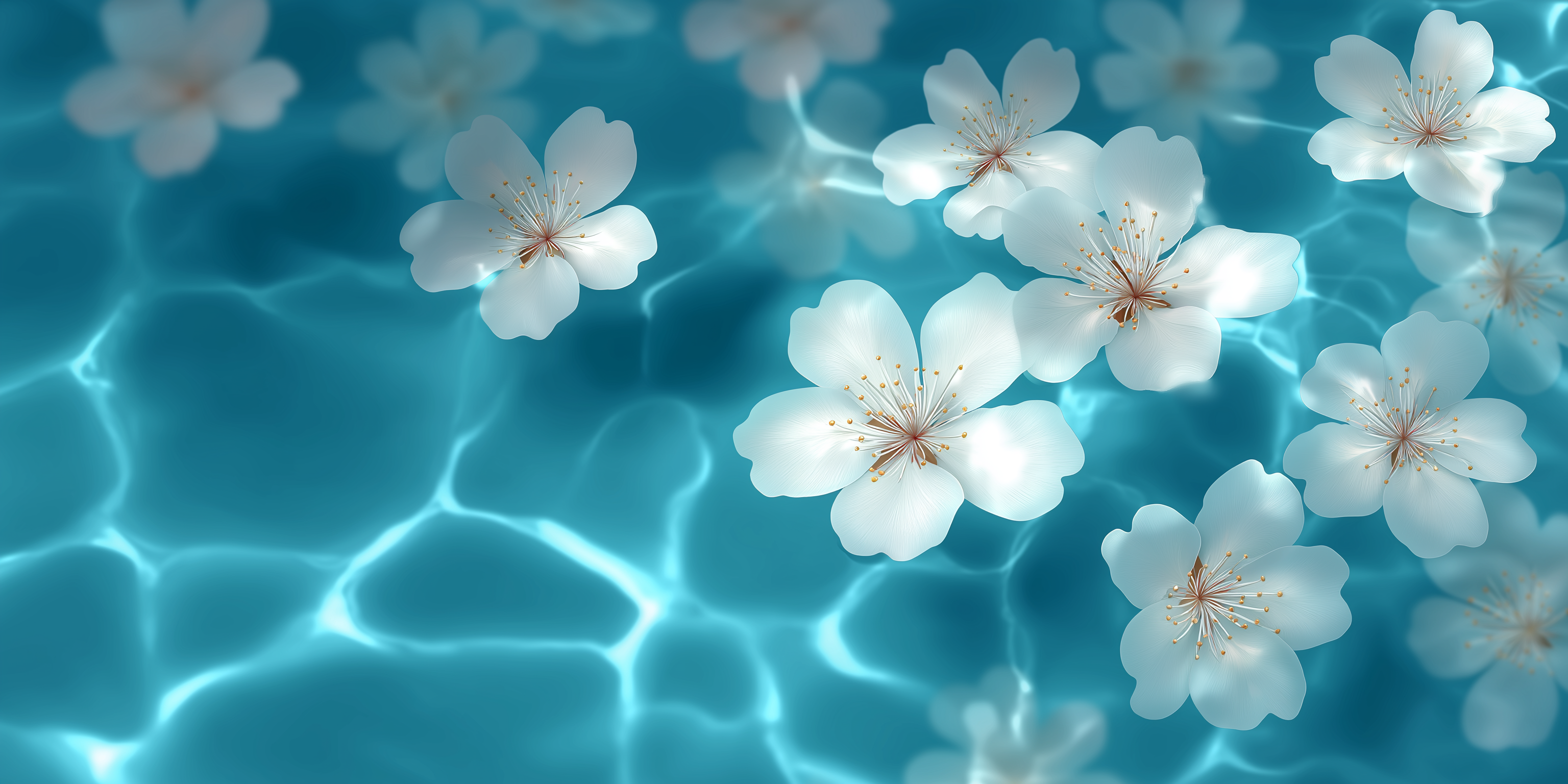 Floating 桌布 壁紙 — 白色櫻花花瓣在陽光映照下，靜靜漂浮在漣漪蕩漾的碧綠水面上。
