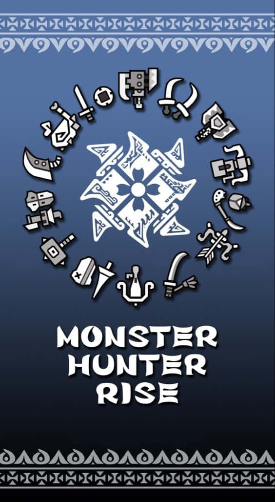 iPhone Xs Monster Hunter World 桌布 壁紙 — 白色武器圖標的圓形排列圍繞著中央徽章，背景為漸變藍色，帶有部落邊框和遊戲標題文字。