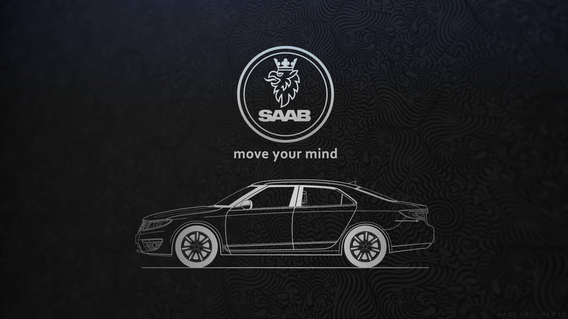 Saab 桌布 壁紙 — 白色流線型Saab汽車輪廓，配以深色紋理背景，並帶有品牌標誌和標語。