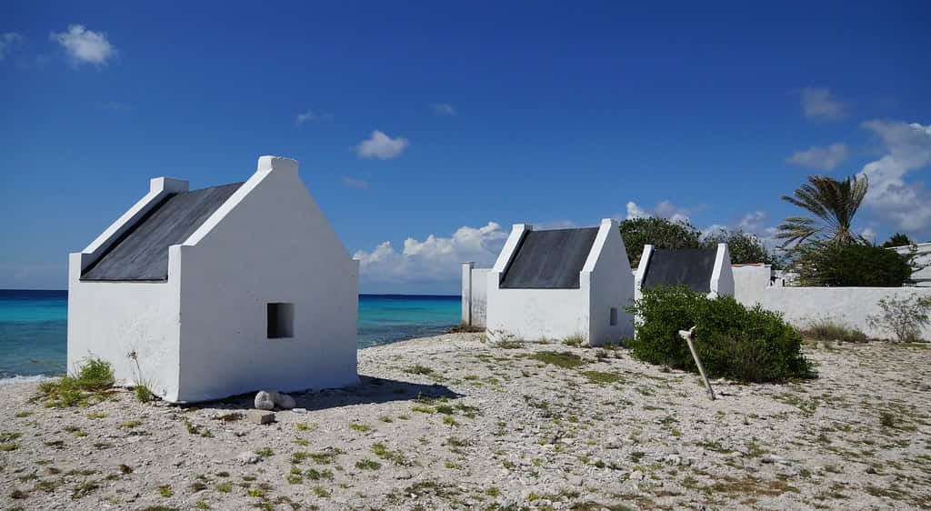 Hut 桌布 壁紙 — 白色海邊小屋配深色屋頂，立於礫石海岸上，背後是湛藍天空與碧綠海洋。