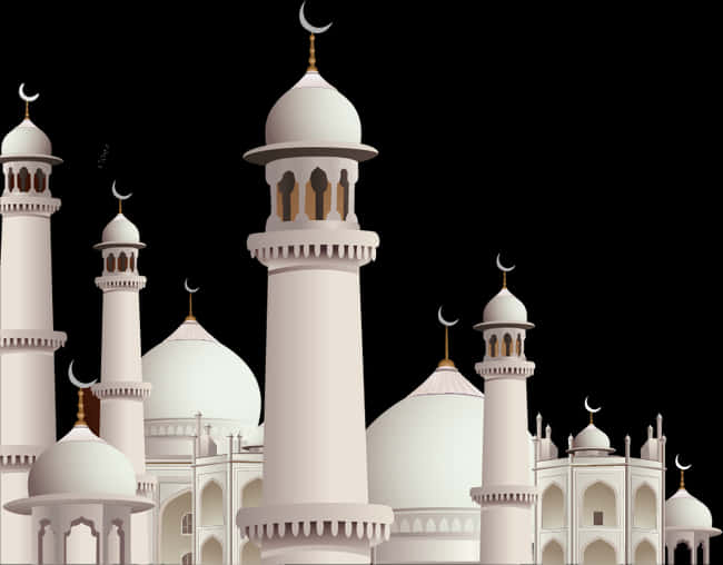 Mosque 桌布 壁紙 — 白色清真寺，圓頂和宣禮塔飾有新月，矗立在純黑色背景上。