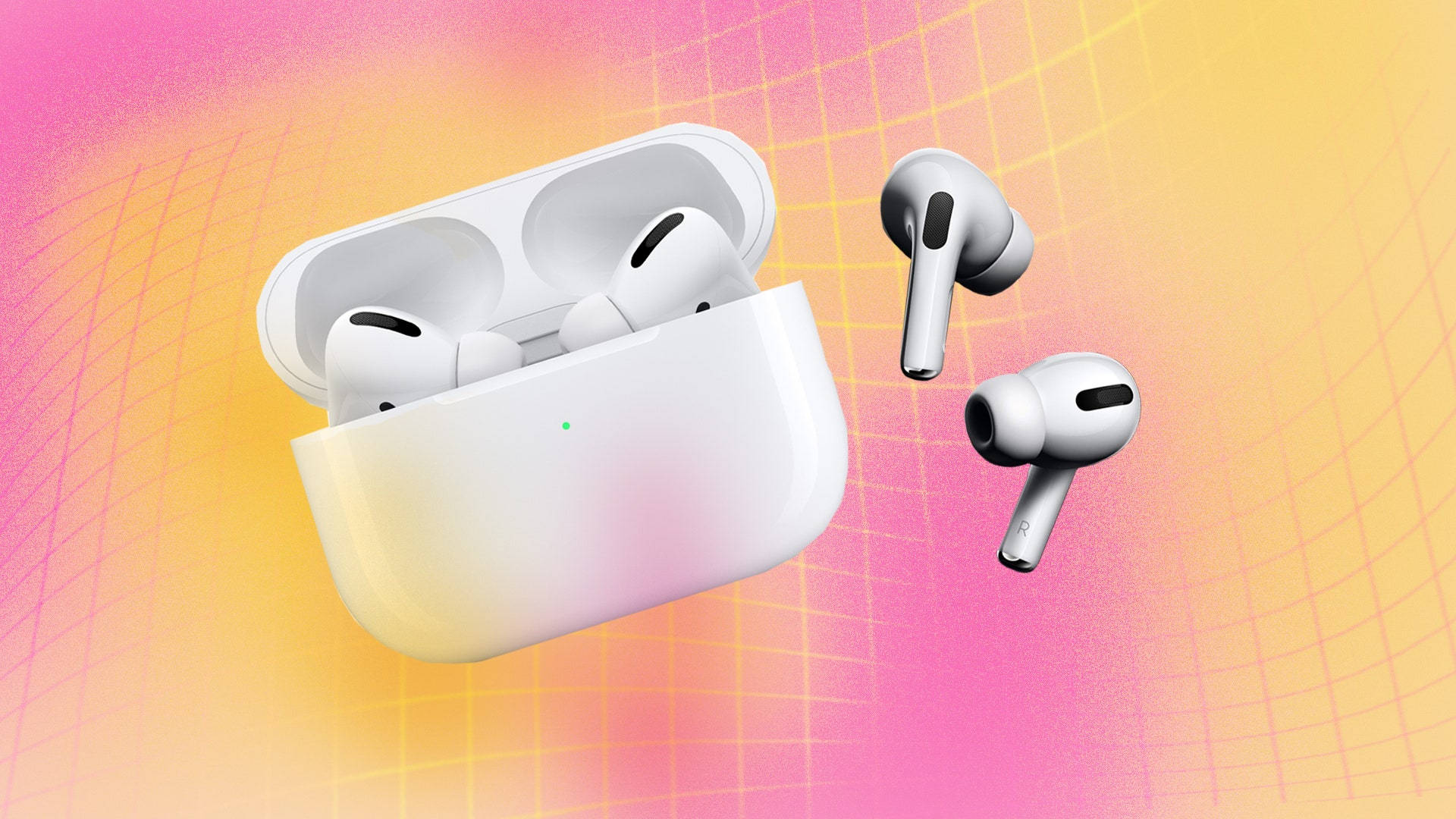 AirPods 桌布 壁紙 — 白色無線耳塞漂浮在打開的充電盒旁邊，背景是充滿活力的粉紅色和黃色漸變網格。