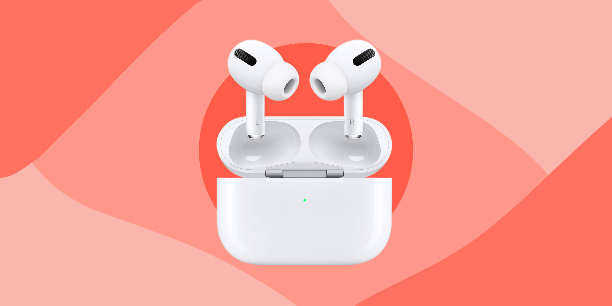 AirPods 桌布 壁紙 — 白色無線耳機打開放在充電盒中，背景為柔和珊瑚漸層色。