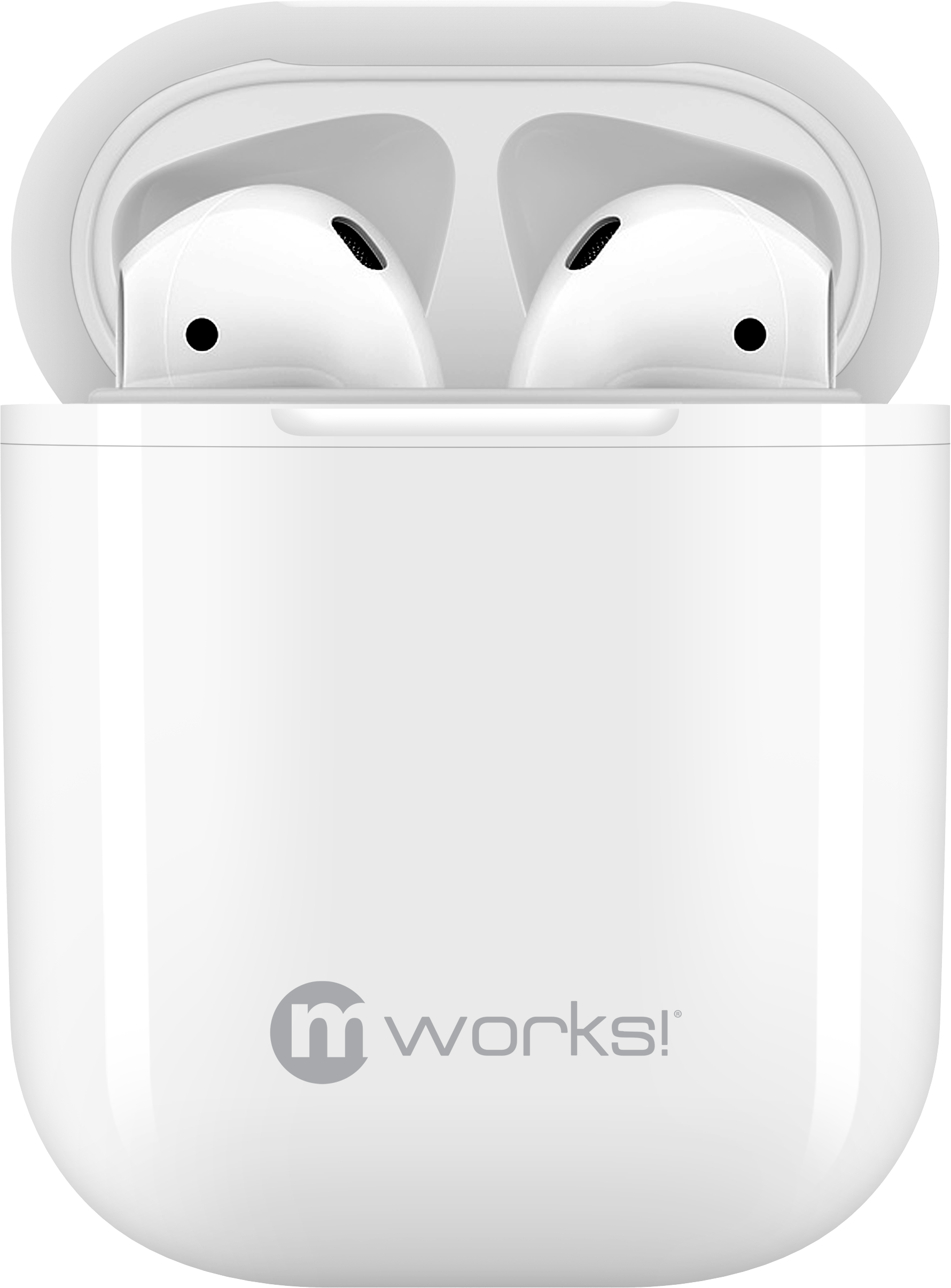 AirPods 桌布 壁紙 — 白色無線耳機整齊地放置在一個帶有 mworks 標誌的時尚開放式充電盒中。
