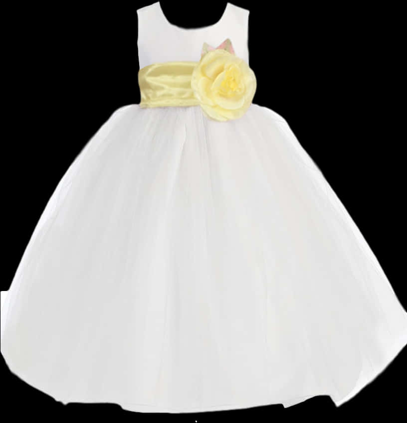 Ladies Dress 桌布 壁紙 — 白色無袖薄紗連衣裙，腰間飾有黃色緞帶和大型黃色布料玫瑰。